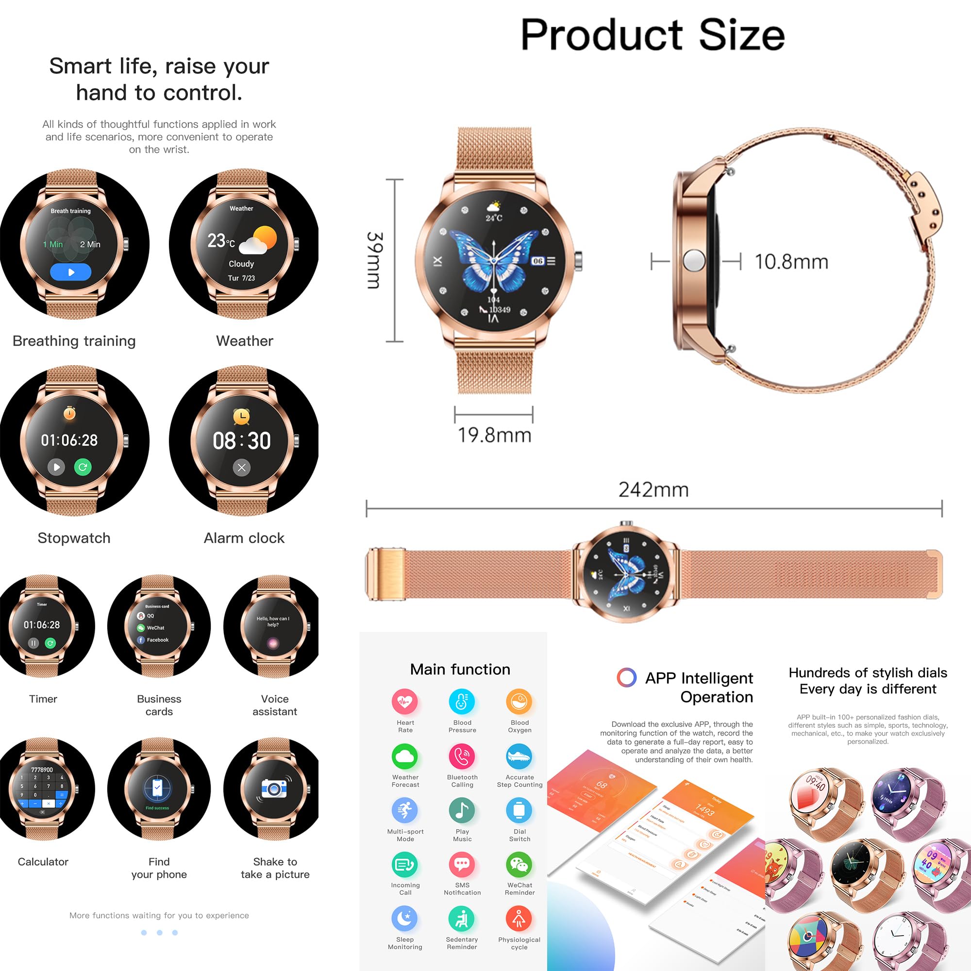 ZPIMY Montre connectée Femme avec Appel Bluetooth, 1,09" Smartwatch avec 123 Modes Sportifs IP68 Étanche, Sommeil, Fréquence Cardiaque, SpO2, Tracker d'activité, Smart Watch pour iOS Android (Or)
