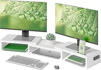 BONTEC Dual Monitor Stand Riser, Desktop Monitor Stand with Smartphone Holder, Adjustable Length & Swivel Angle Wooden Desktop Organizer Stand PC Riser for PC Monitor Laptop Printer, White