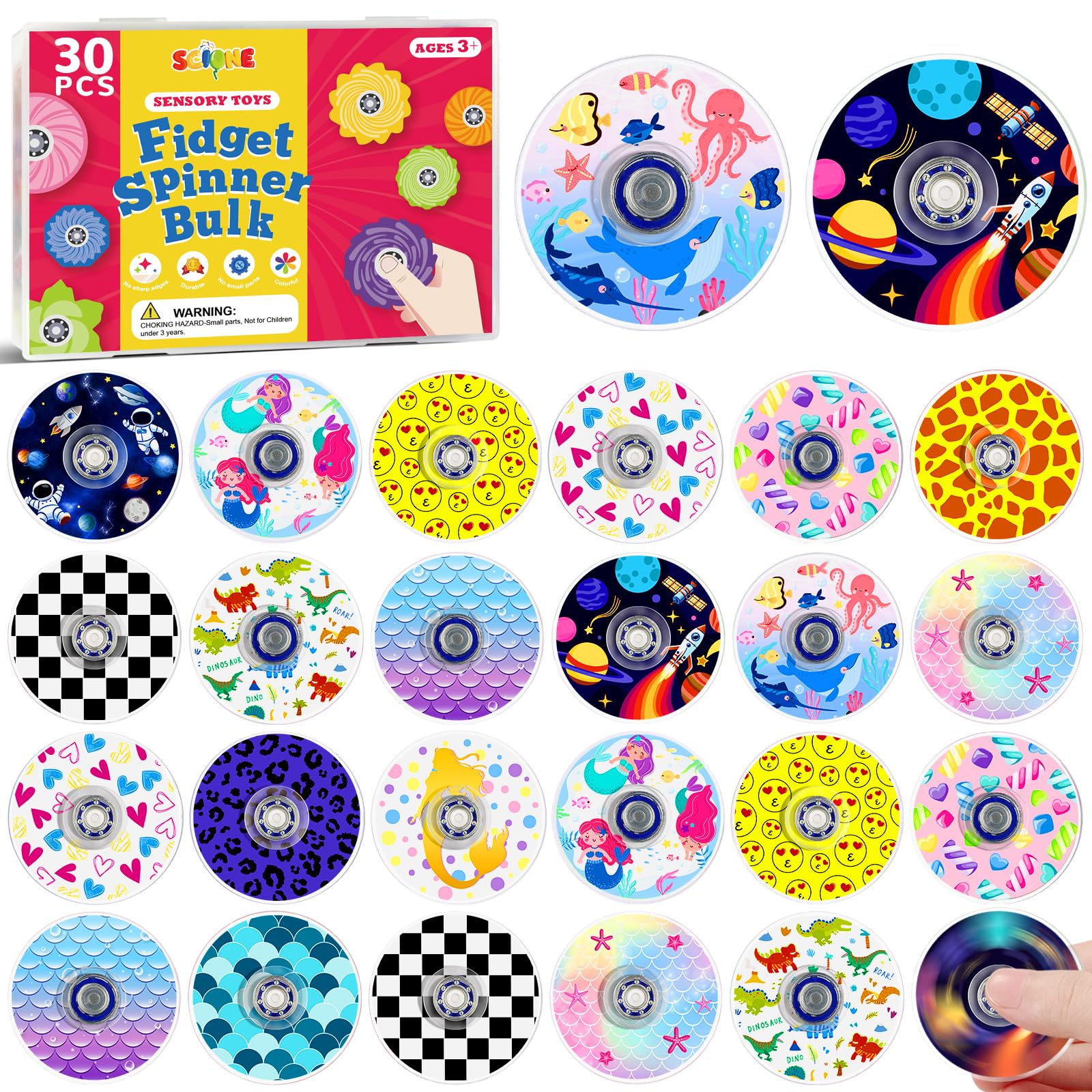 SCIONE 30 Pack Mini Fidget Spinners Party Bag Fillers for Kids, 15 Unique Space Mermaid Dinosaur Patterns Acrylic Hand Spinners, Bulk Sensory Toys for Classroom Rewards, Pinata Fillers, 1.5"