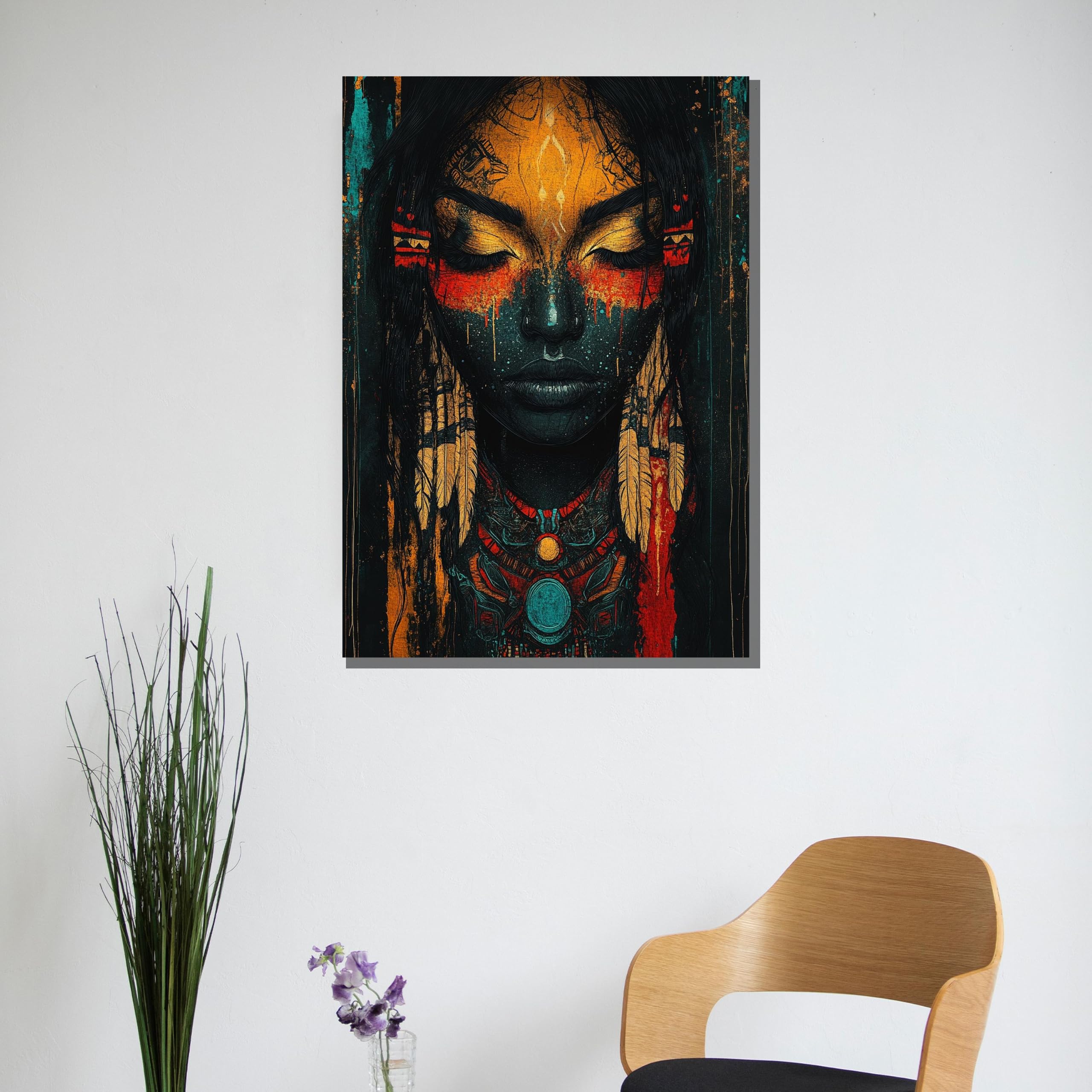 XINBAO Obraz na płótnie z plemienną kobietą - duchowy portret z piórami i kosmicznymi symbolami, dekoracja ścienna na płótnie do domu (80 x 120 cm, bez ramy)