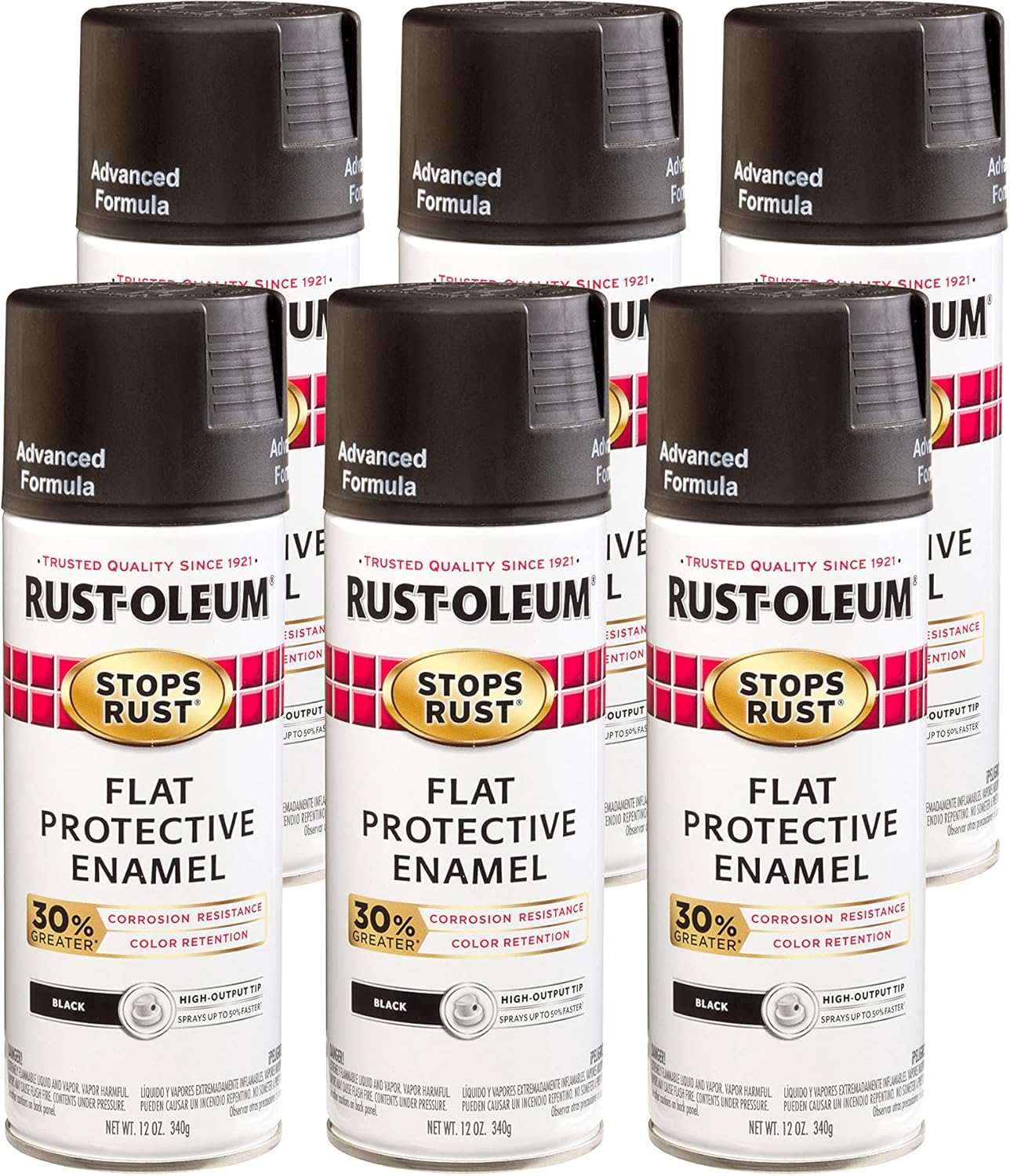 Rust-Oleum 338948-6PK Stops Rust Advanced Spray Paint, 12-Ounce, Flat Black, (Pack of 6)