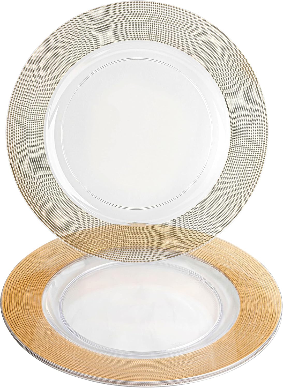 PARTY BARGAINS 13-Inch Charger Plates - 4 Pack, Clear Gold Rope Textured Rim, Heavy-Duty Disposable Chargers for Elegant Dining - Ideal for Weddings