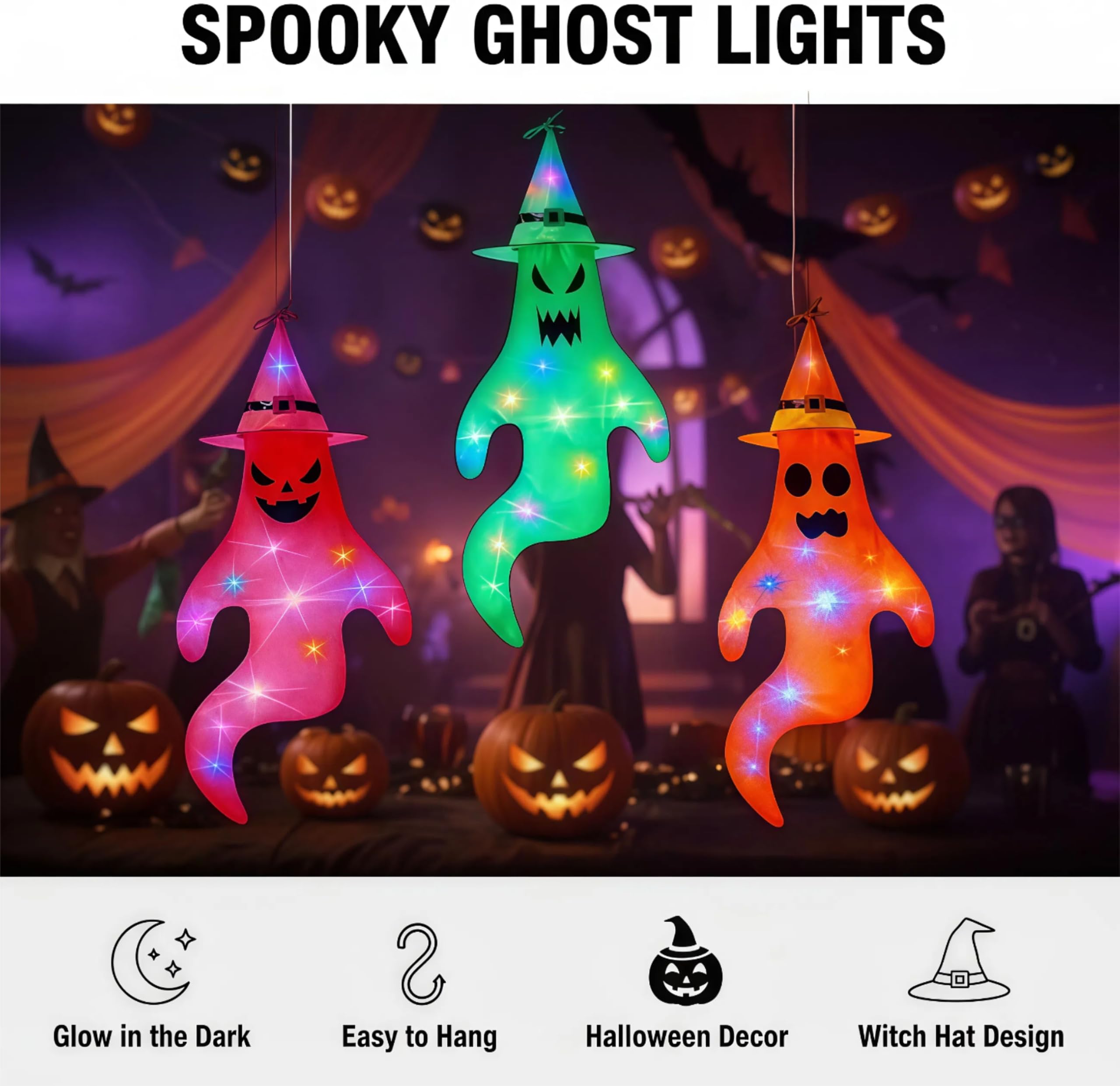 3 Stück Halloween Deko Geist mit Bunt LED Lichtern, 145x65cm Halloween Deko Outdoor Hängende Geister, Hängende Geisterflagge mit Hexenhut, für Garten Hof Terrasse Party Horror Hängen Dekoration