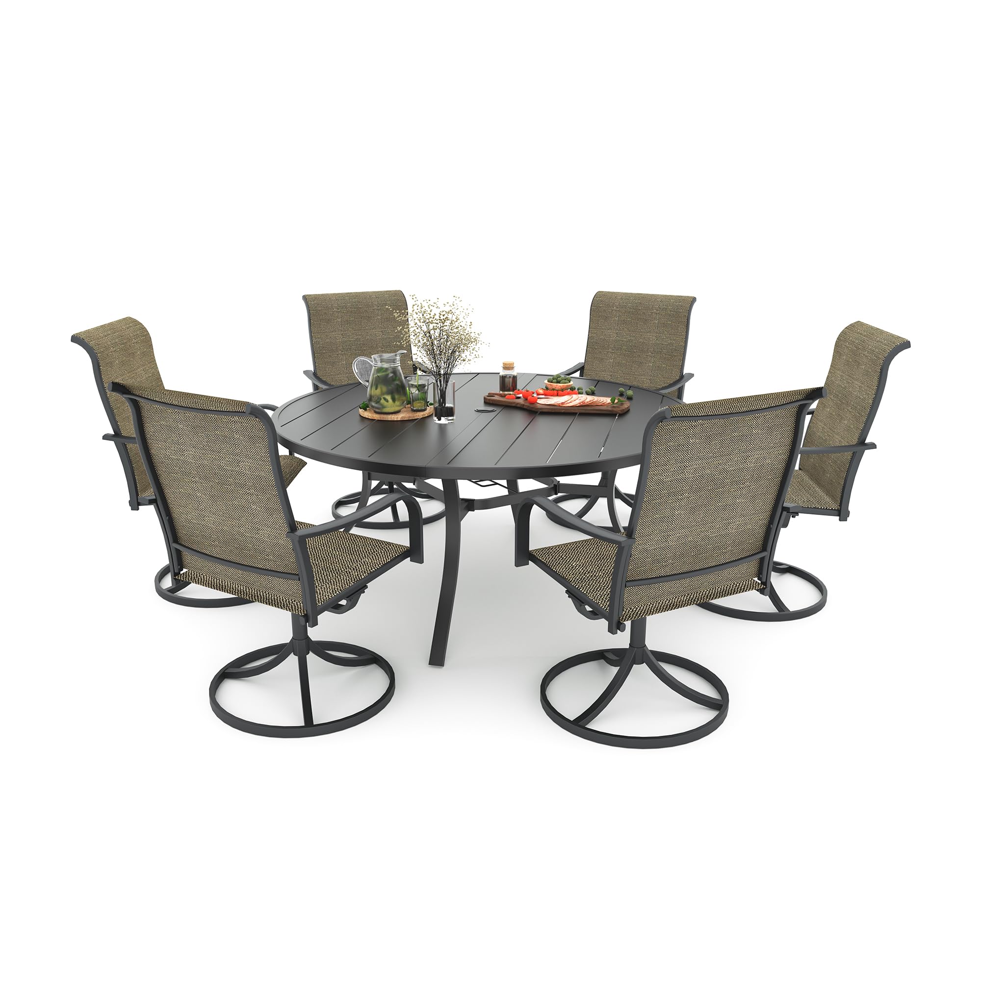 Anmutig Outdoor Dining Set 54 inch Round Table with 6 Swivel Chairs Tan Grey