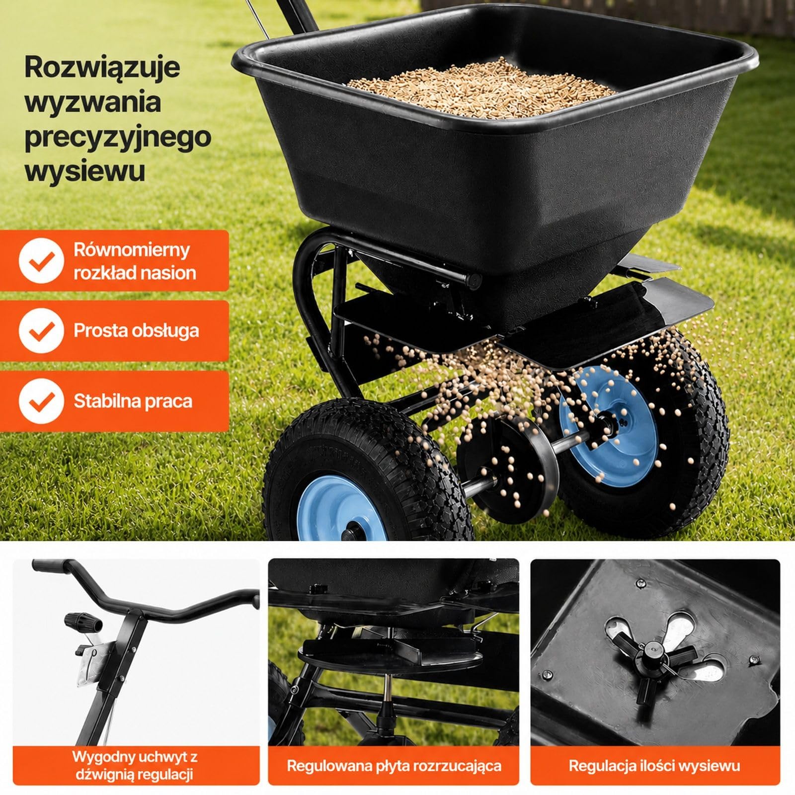 Siewnik odśrodkowy do nawozu i nasion, pojemność 45 kg, regulacja w 30 pozycjach, trapezowy zbiornik, stalowa rama i opony pneumatyczne
