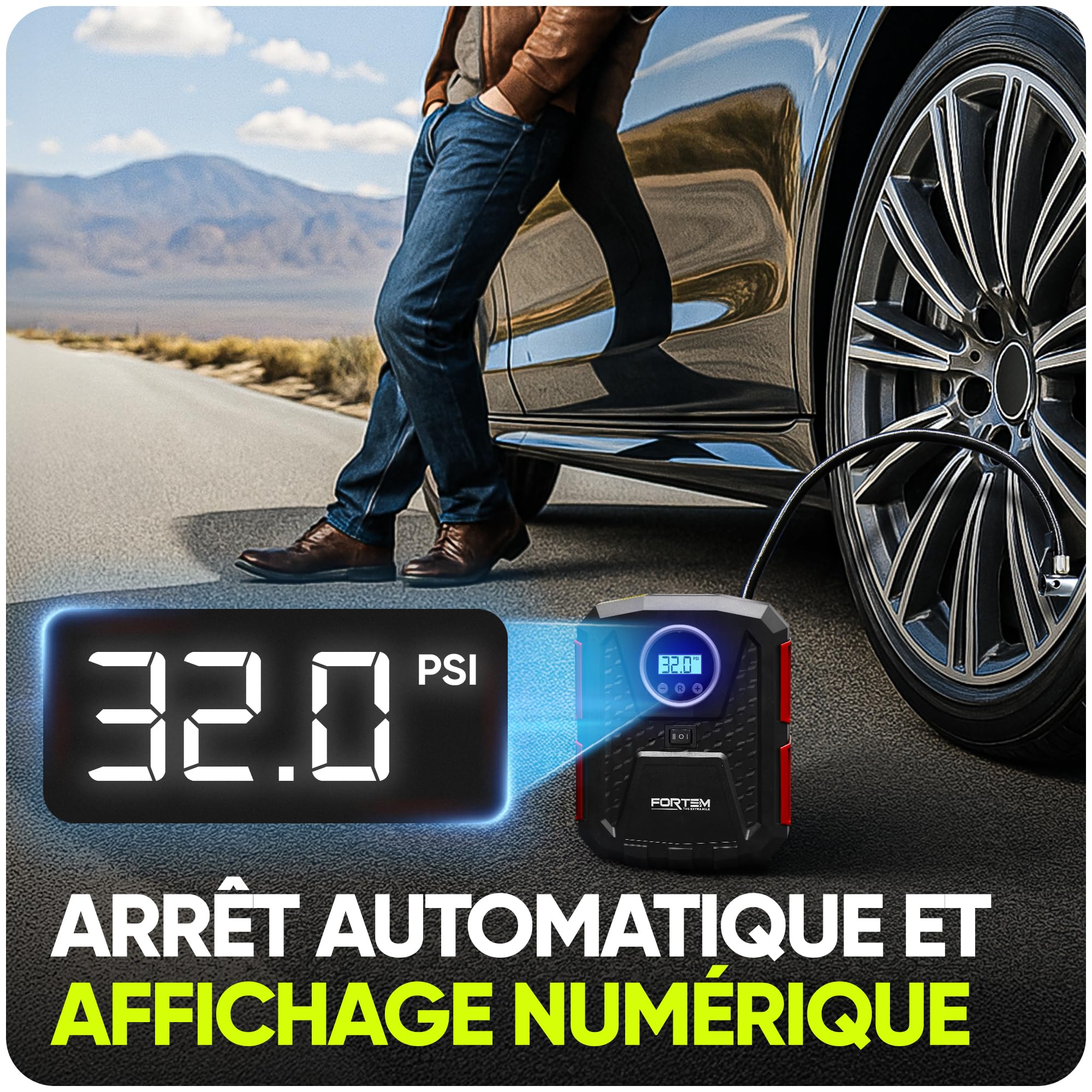 FORTEM Gonfleur pneus Voiture - Compresseur 12V - Compresseur à air portatif Automatique (150 PSI) - Gonfleur Pneu Voiture avec éclairage LED - Compresseurs d'air Portatifs - Moto & Vélo