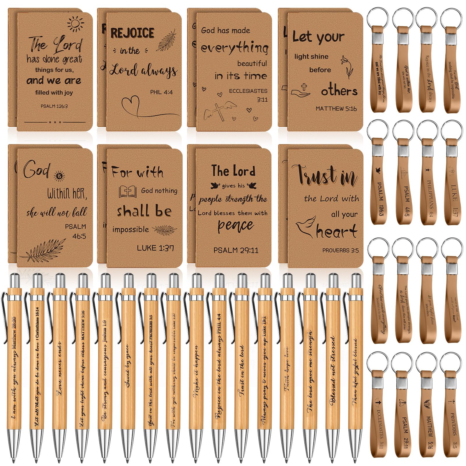PerKoop 48 Pcs Christian Party Favors 3 x 5 Inch Religious Notepads Pens Bible Verse Keychains Bulk Jesus Loves You Gifts for Church Sunday School Office Supplies