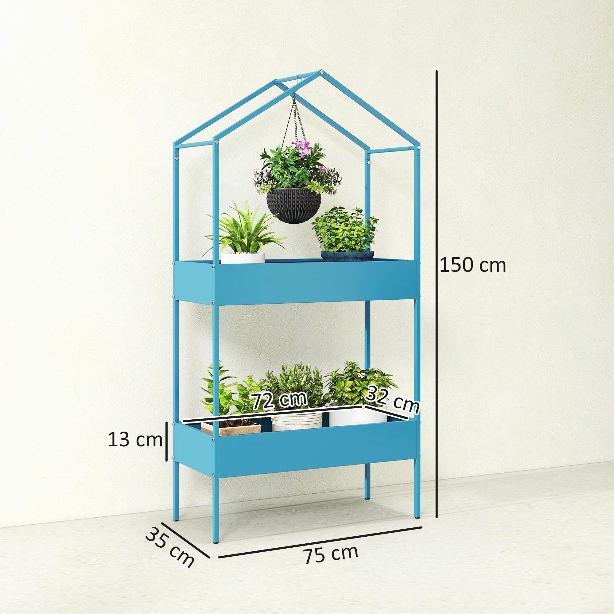 Outsunny Pflanzenregal mit 2 Ebenen, Pflanzenhalter aus Metall mit Haken, Pflanzenhalter in Form eines Hauses für Garten, Terrasse, Balkon, Wohnzimmer, blau-grün