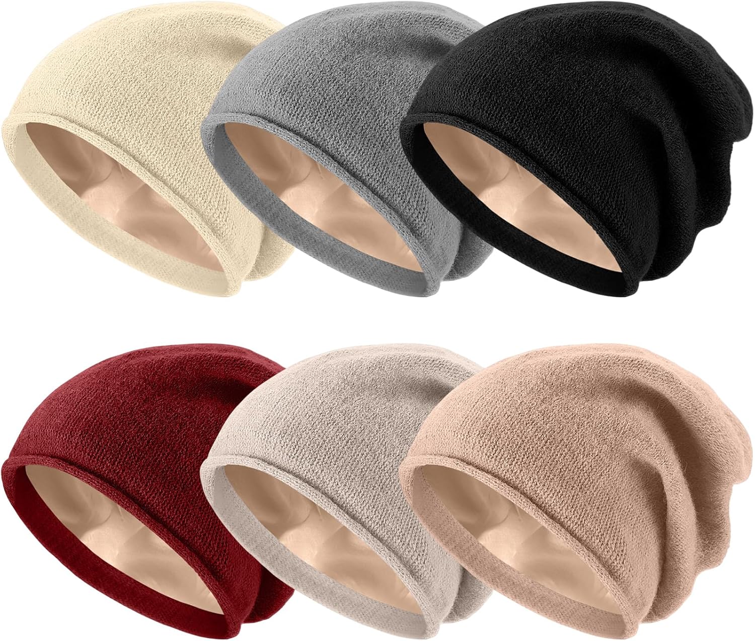 Hicarer 6 Pieces Satin Lined Winter Beanies Women Silk Lined Hat Bulk Knitted Slouchy Beanies Warm Cuffed Skull Cap for Women Men