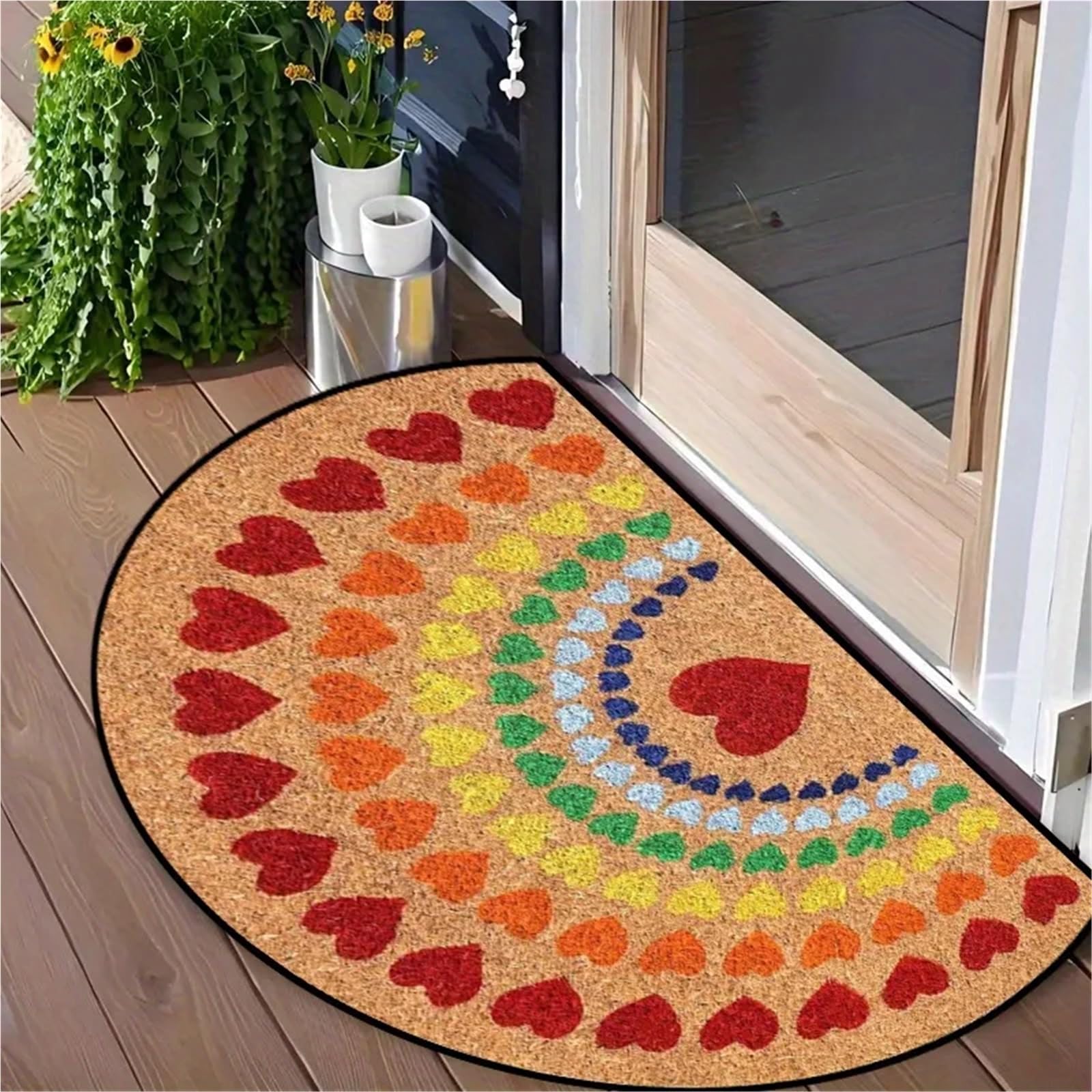 Halbrunde Fußmatte Herz-Regenbogen-Druck, halbrunde Fußmatte for Flur, Badezimmer, Terrasse, dekorative Teppiche, Heimdekorationsteppich für Haustür, Flur, Eingang(60X90CM(2X3FT)