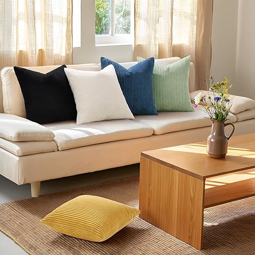 Miniatura 5 de Mecatny Juego de 2 fundas de almohada de pana de 16 x 16 pulgadas, fundas decorativas a rayas para sala de estar y cama, fundas cuadradas suaves