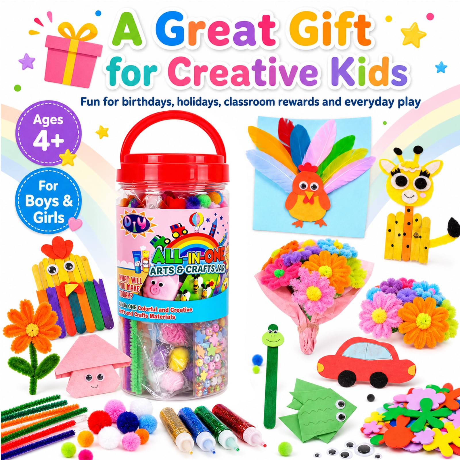 BENEWY FunzBo Bastelzubehör für Kinder – Bastelset für Kleinkinder im Alter von 4/5 / 6/7 / 8/9 – All-in-One Bastelset für Kinder, Groß