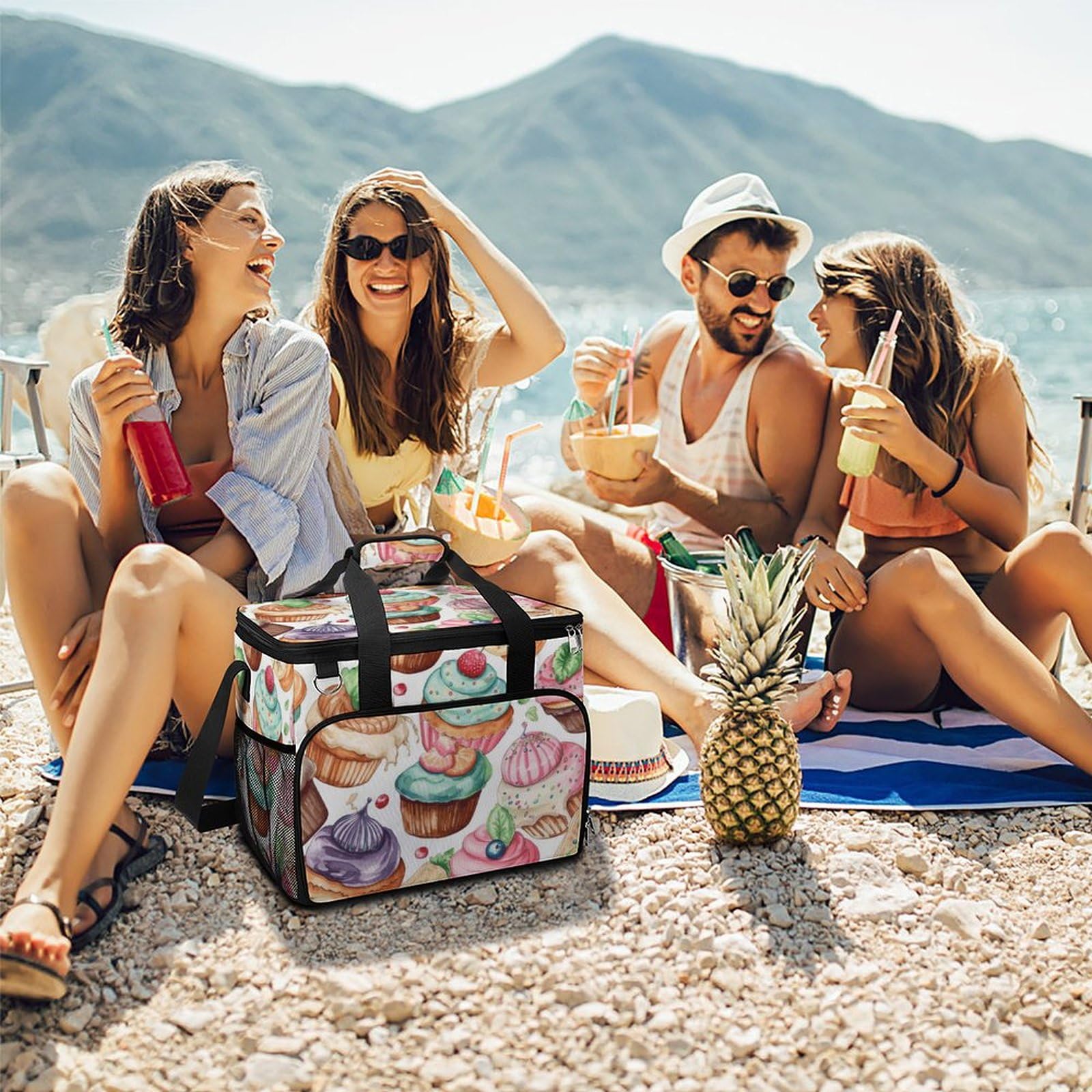 Borsa termica da campeggio, cupcake, ciambelle, muffin, stampa di zucchero, borsa da picnic da viaggio, grande capacità, borsa termica portatile, borsa frigo multiuso, stile