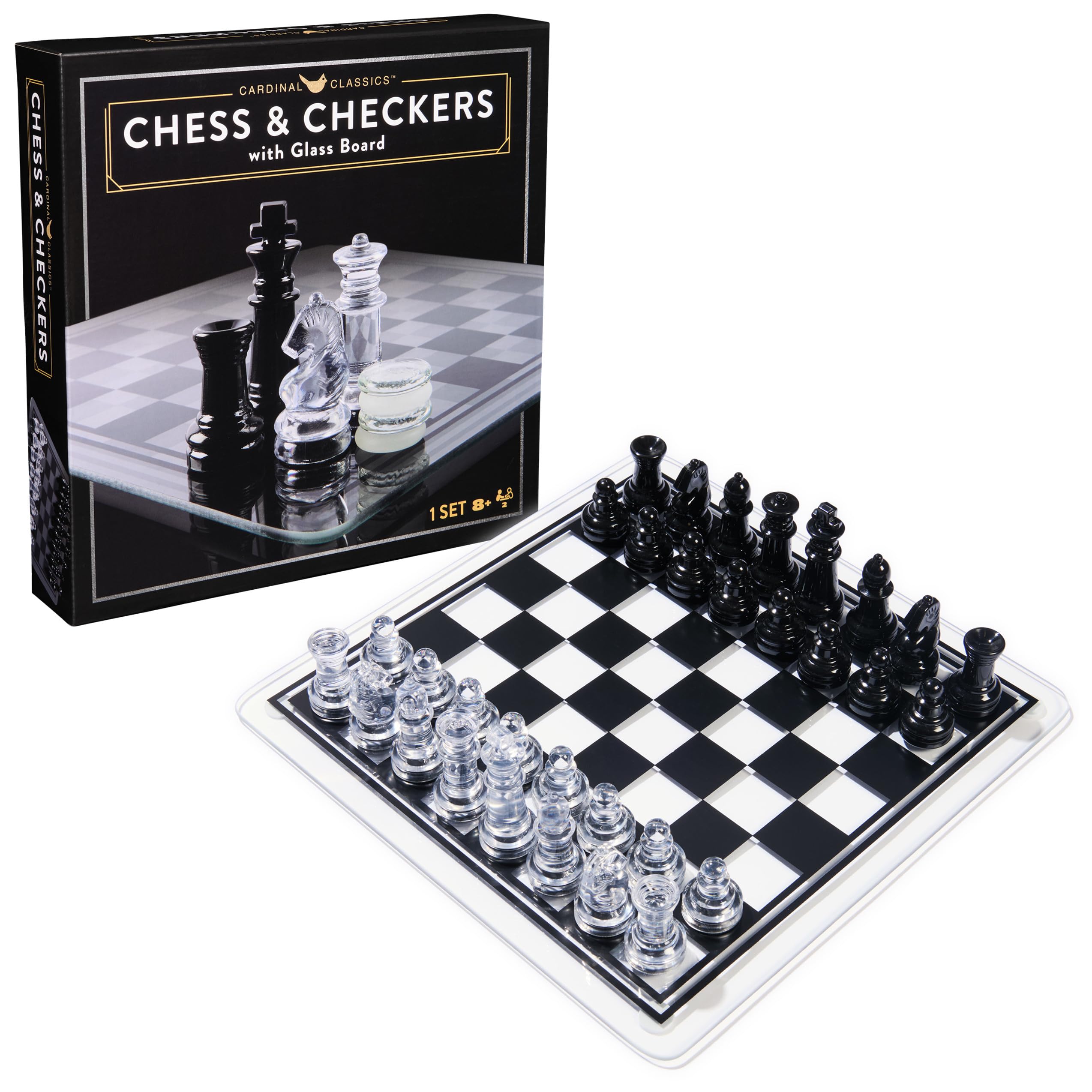spin master games, cardinal classics, black and clear chess & checkers set with glass gameboard, for adults and kids ages 8 and up