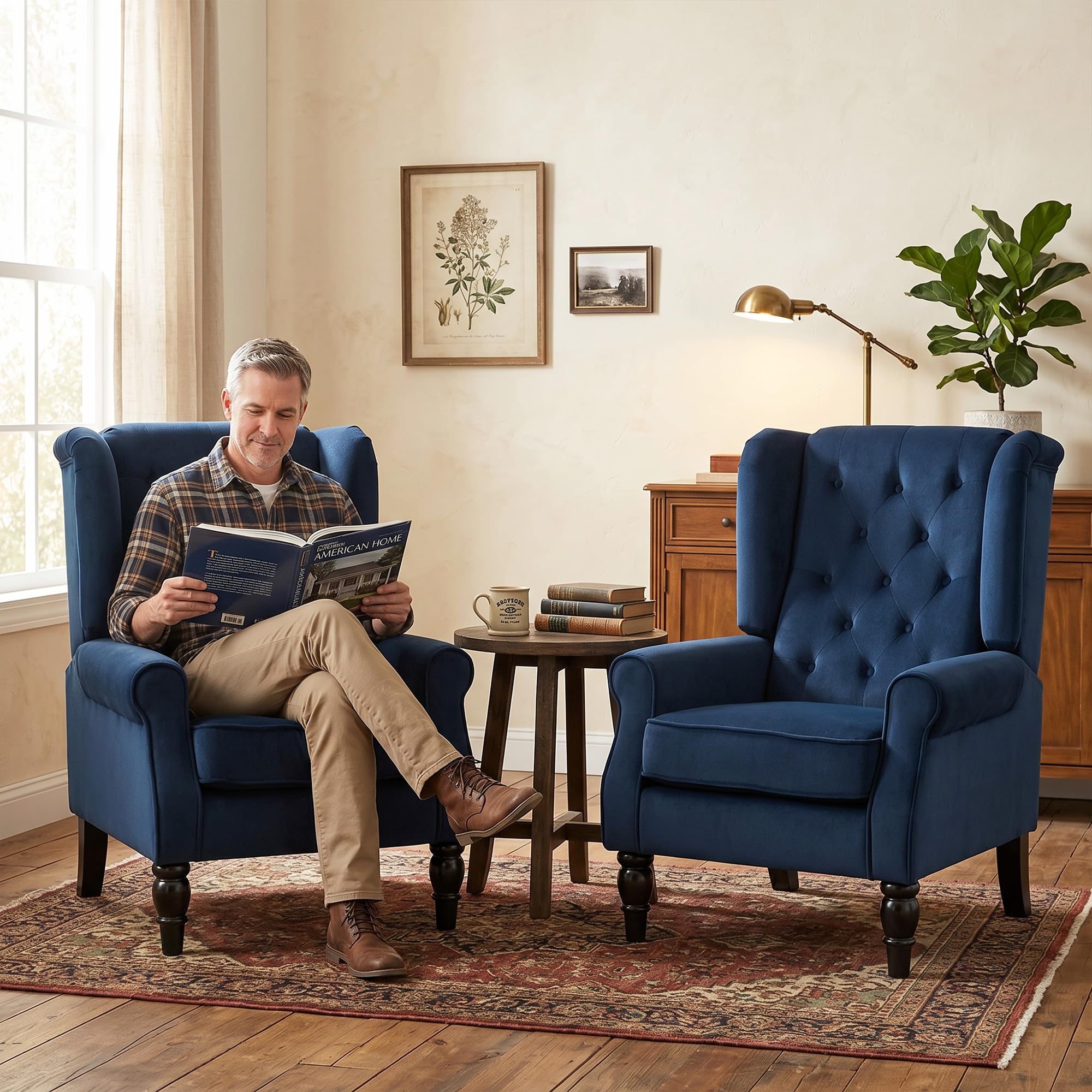 HOMCOM Fauteuil de Salon, Fauteuil Capitonné avec Pieds en Bois, Assise Large, Grand Confort, Style Classique, 74 x 86 x 102 cm, Bleu Foncé