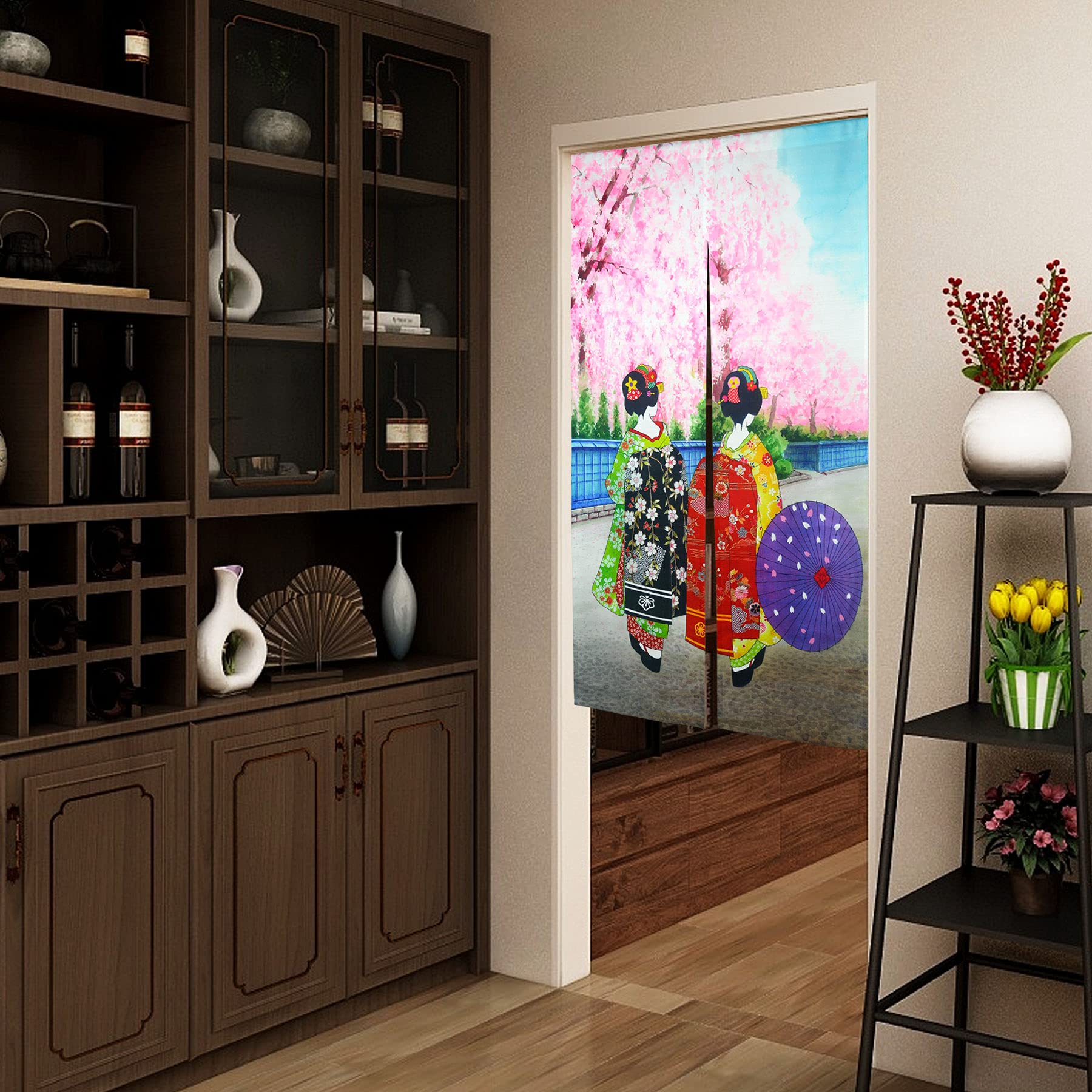 Rideau Japonais Noren 85x150cm - Motif Geisha Kyoto - Décoration Porte Style Asiatique - Polyester