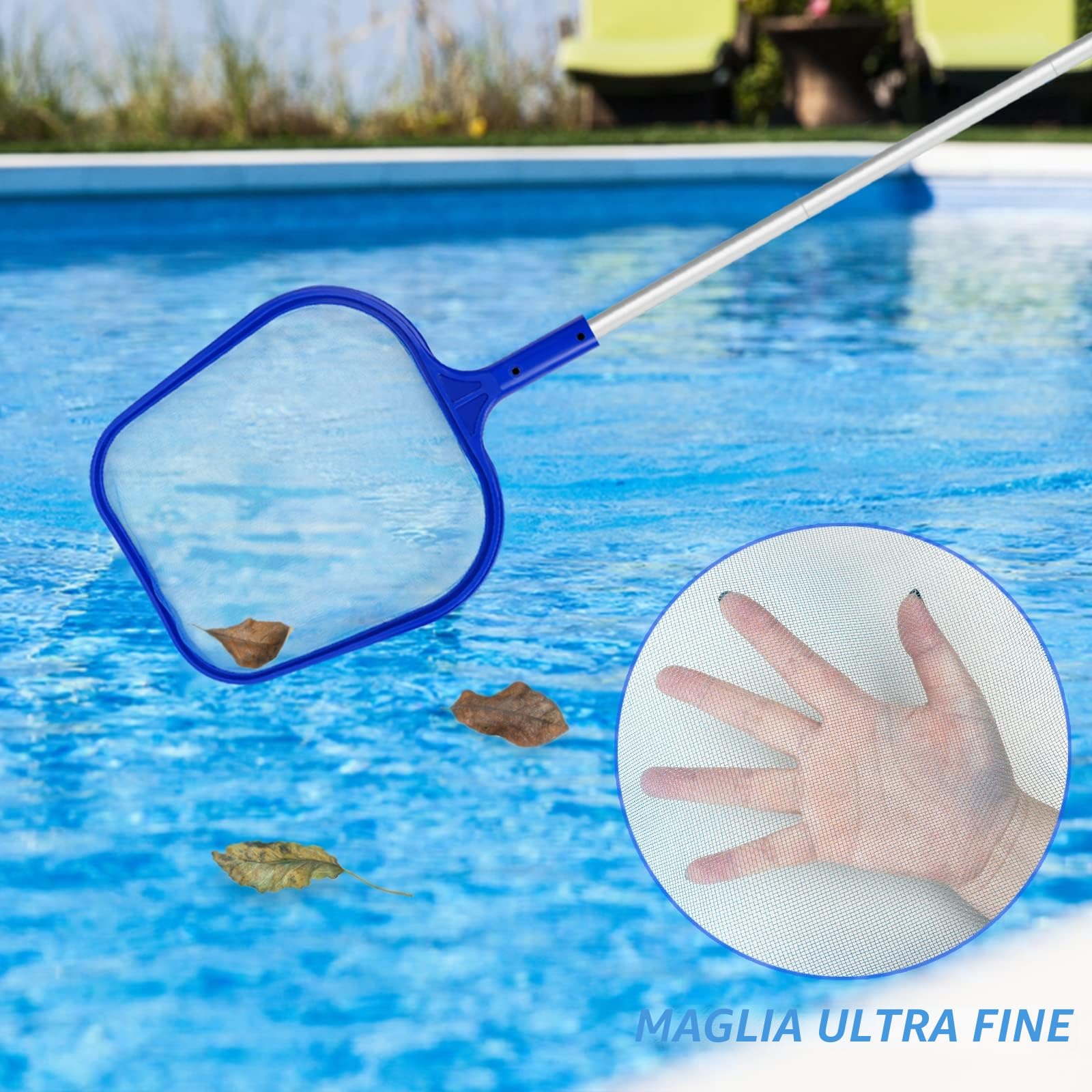 Retino Piscina, Rete a Maglia Fine dello Skimmer per Foglie con Asta Telescopica per Pulizia, Spa, Stagni