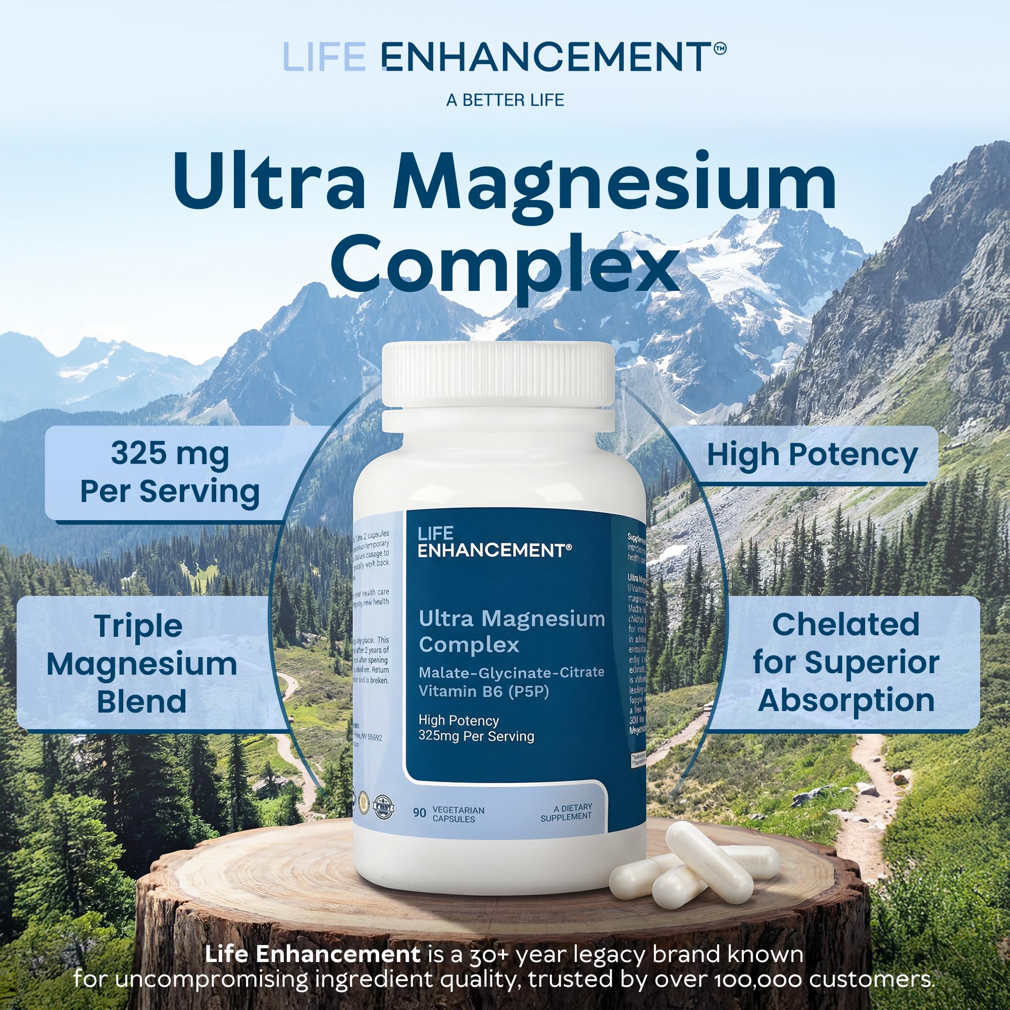Life Enhancement Ultra Triple Magnesium Complex - 325 mg - with B6, Glycinate, Malate & Citrate - Magnesium Supplement Enhance Sleep and Brain Function - Made in USA (90 Vegetarian Capsules) — Amazon image 3