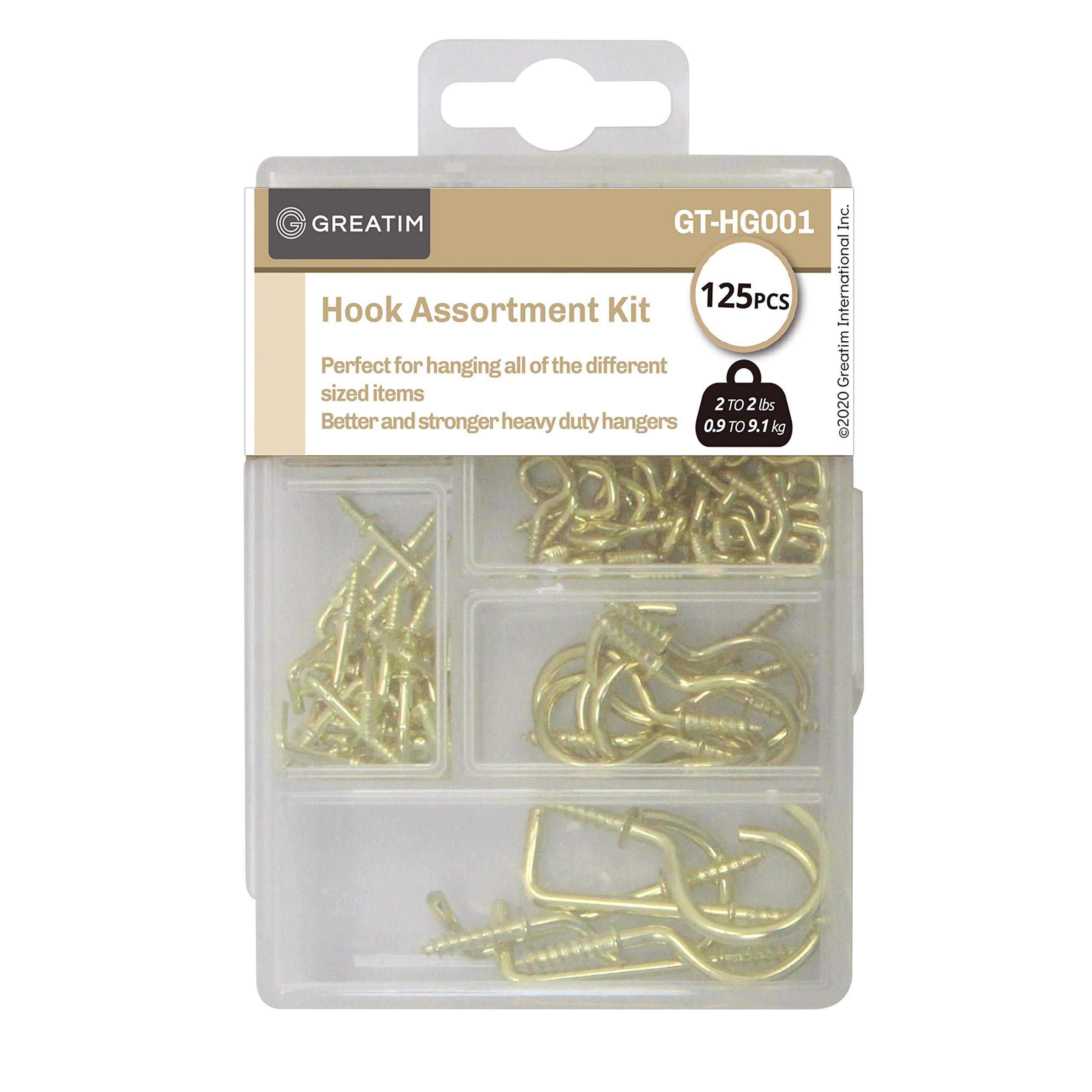 Greatim 125 Pcs Brass Ceiling Hooks for Hanging, 7 Sizes Screw in Mug Hooks, Coup Hooks, Plants Hooks, Square Bend Hooks Assortment Kit for Hanging, Max. Support 20lbs. Steel/Gold