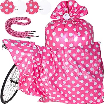 Sabary 2 Pcs 70 x 40 Inch Bike Gift Bag Giant Jumbo Birthday Gift Bag for Huge Gifts Extra Large Plastic Gifts Bags for Christmas Bicycle Baby Shower Wrapping SuppliesDot,Pink White