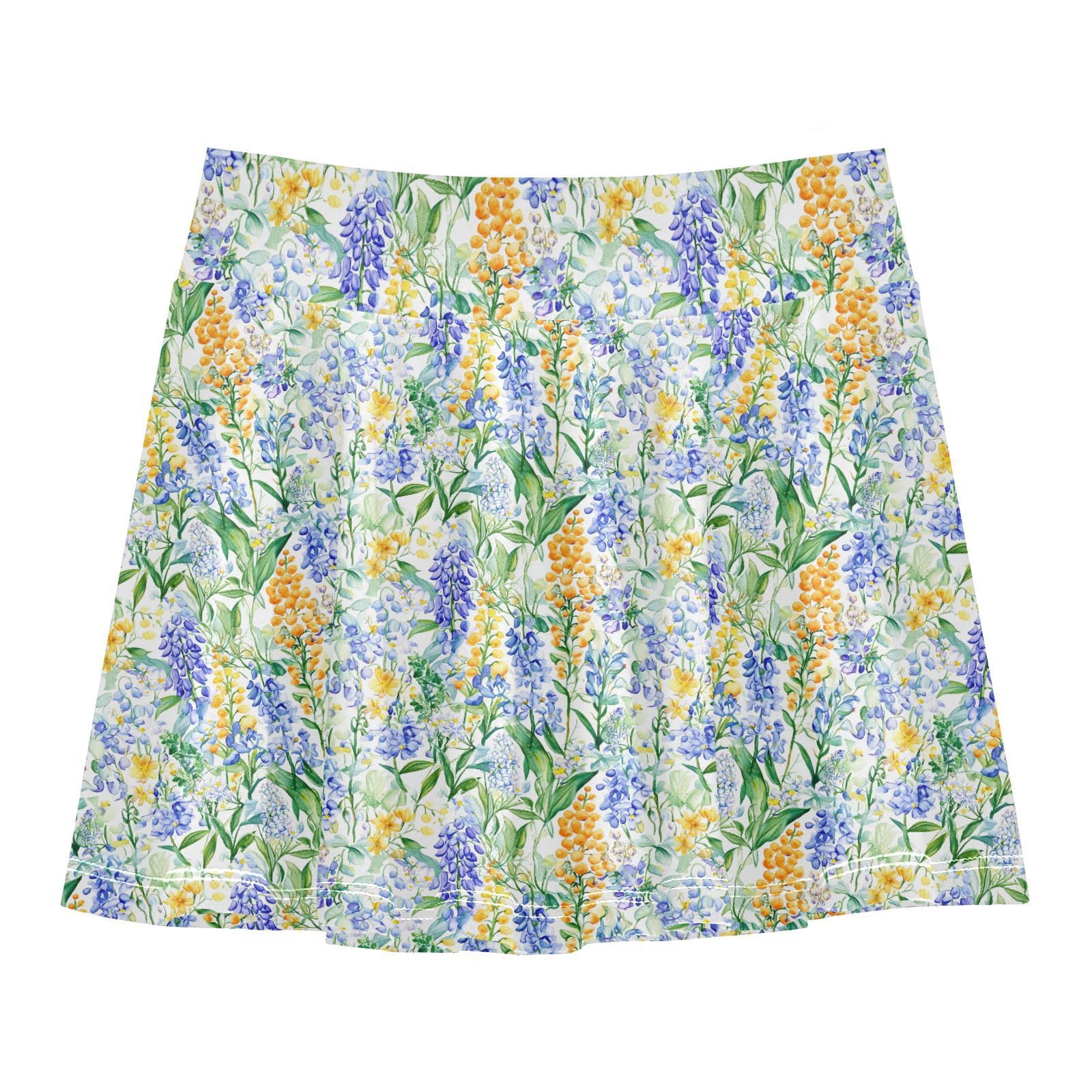 Colorful Spring Flower Flowy Girls Tennis Skirts with Built-in Shorts Pleated Skirt for Kids Little Girls Golf SkirtsWith Pockets