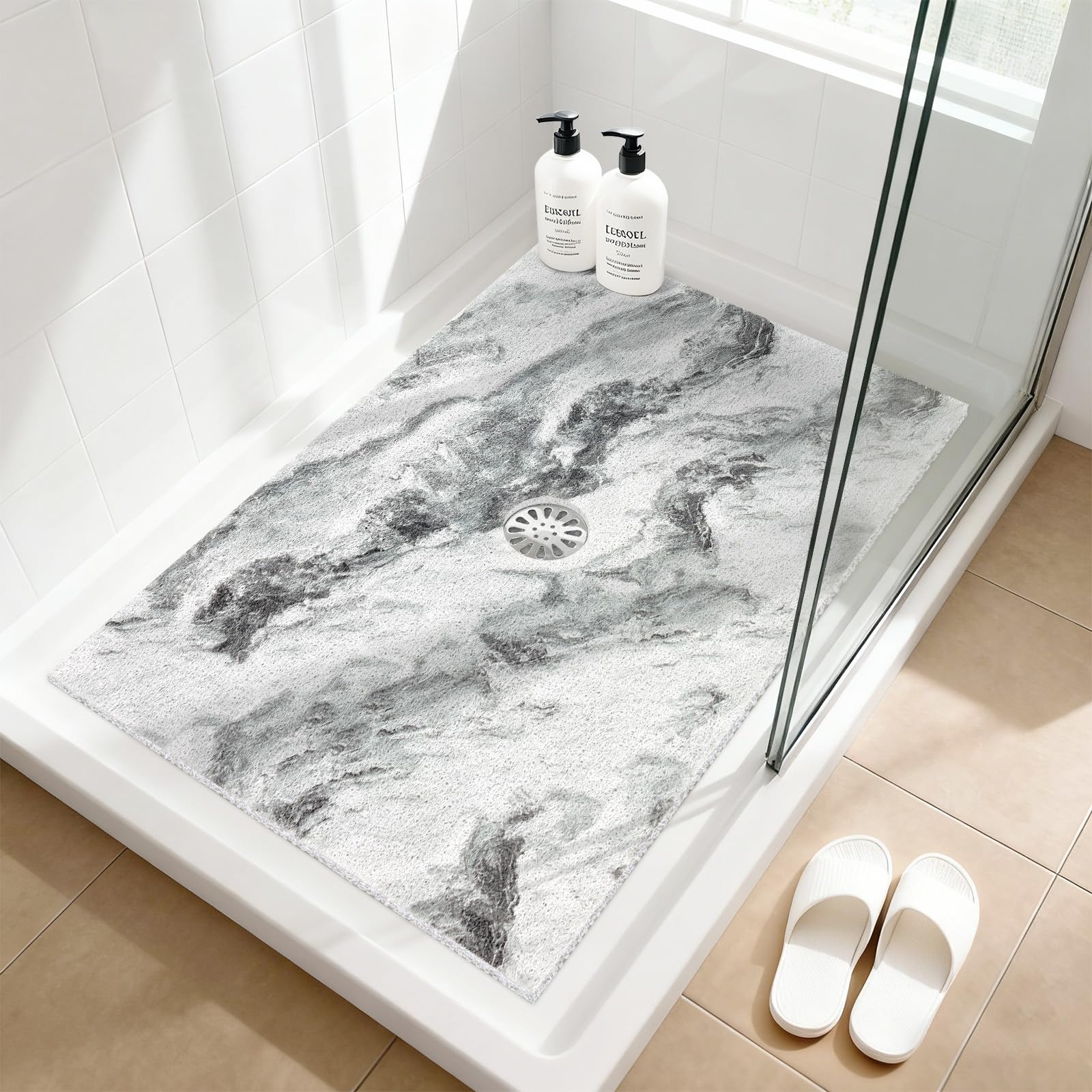 Shower Mat Non Slip: 24x36 Inch Large Shower mats for Inside Shower with Drain Hole in Middle, Super Soft PVC Loofah Massage Shower Floor Mat, Anti Slip Shower Stall Mat, Quick Drying