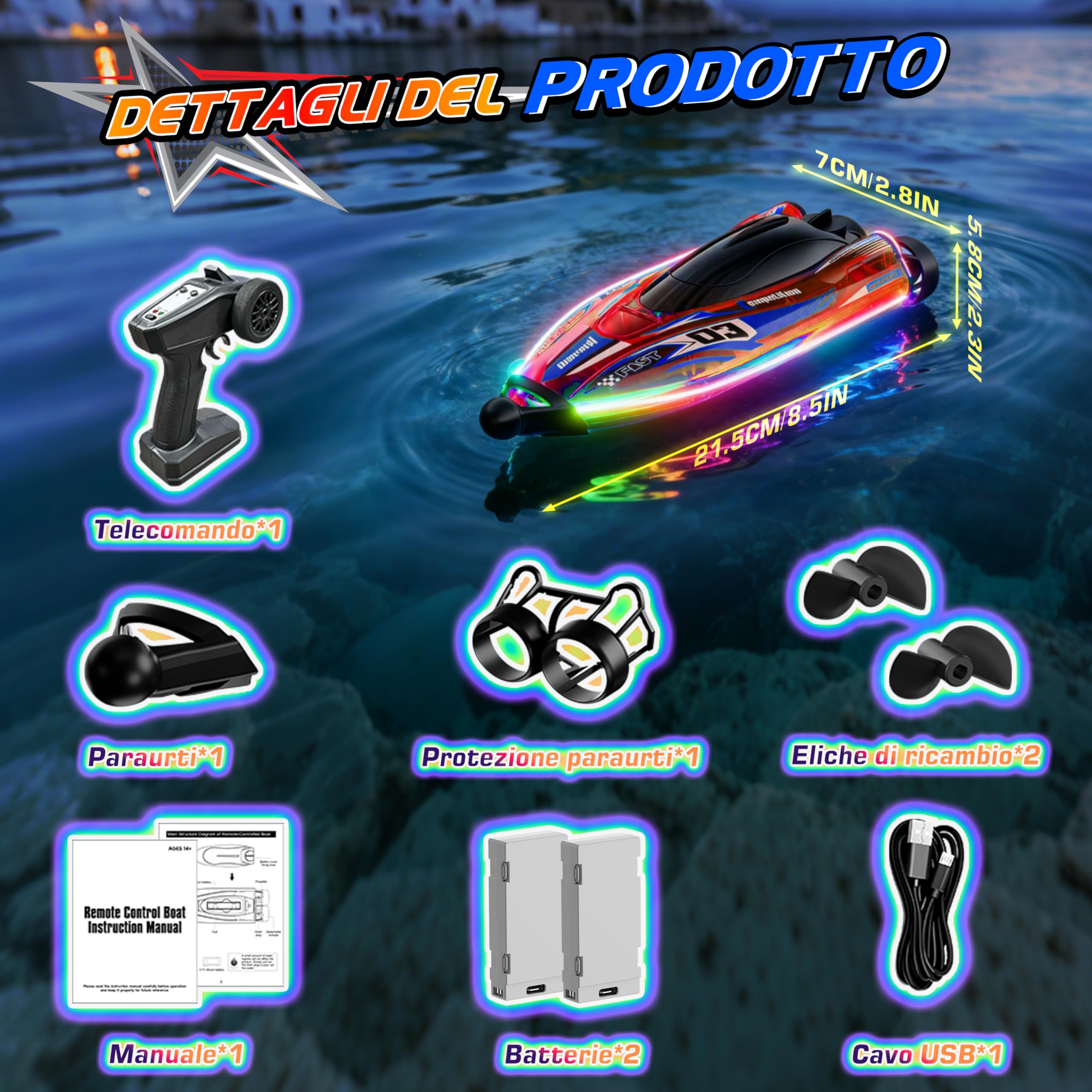 FORMIZON Barca RC 25 km/h, Barca Telecomandata 2,4GHz con Luce LED per Piscine e Laghi, Motoscafo Radiocomandato con Anti-Ingroppo Posteriore, Barche da Corsa Speedboot per Bambini e Adulti (Rosso)