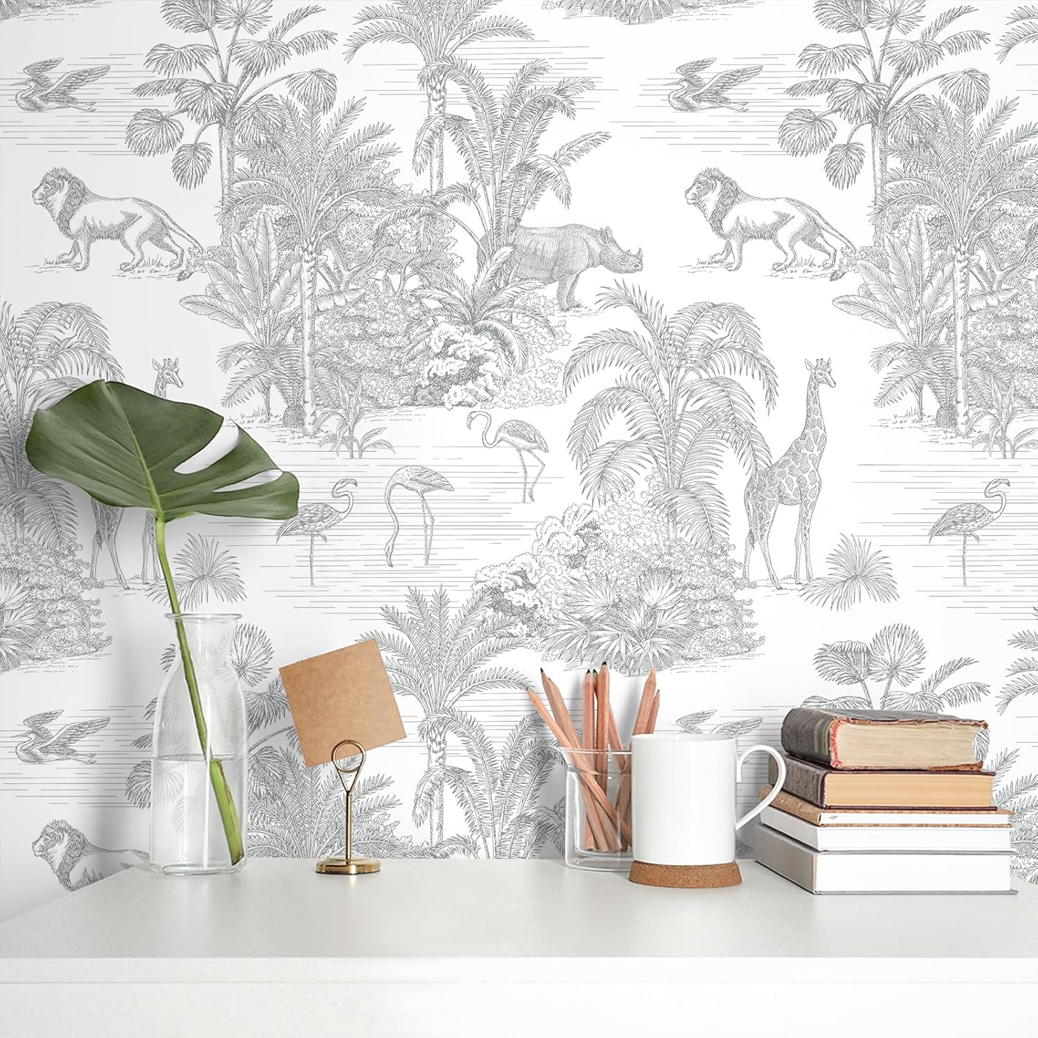 VEELIKE Hand Draw Tropical Wallpaper Peel and Stick Animal Forest Wallpaper for Bedroom Kids Room 17.7''x118'' Grey Toile Wall Paper Removable Self Adhesive Jungle Contact Paper for Cabinets Drawers