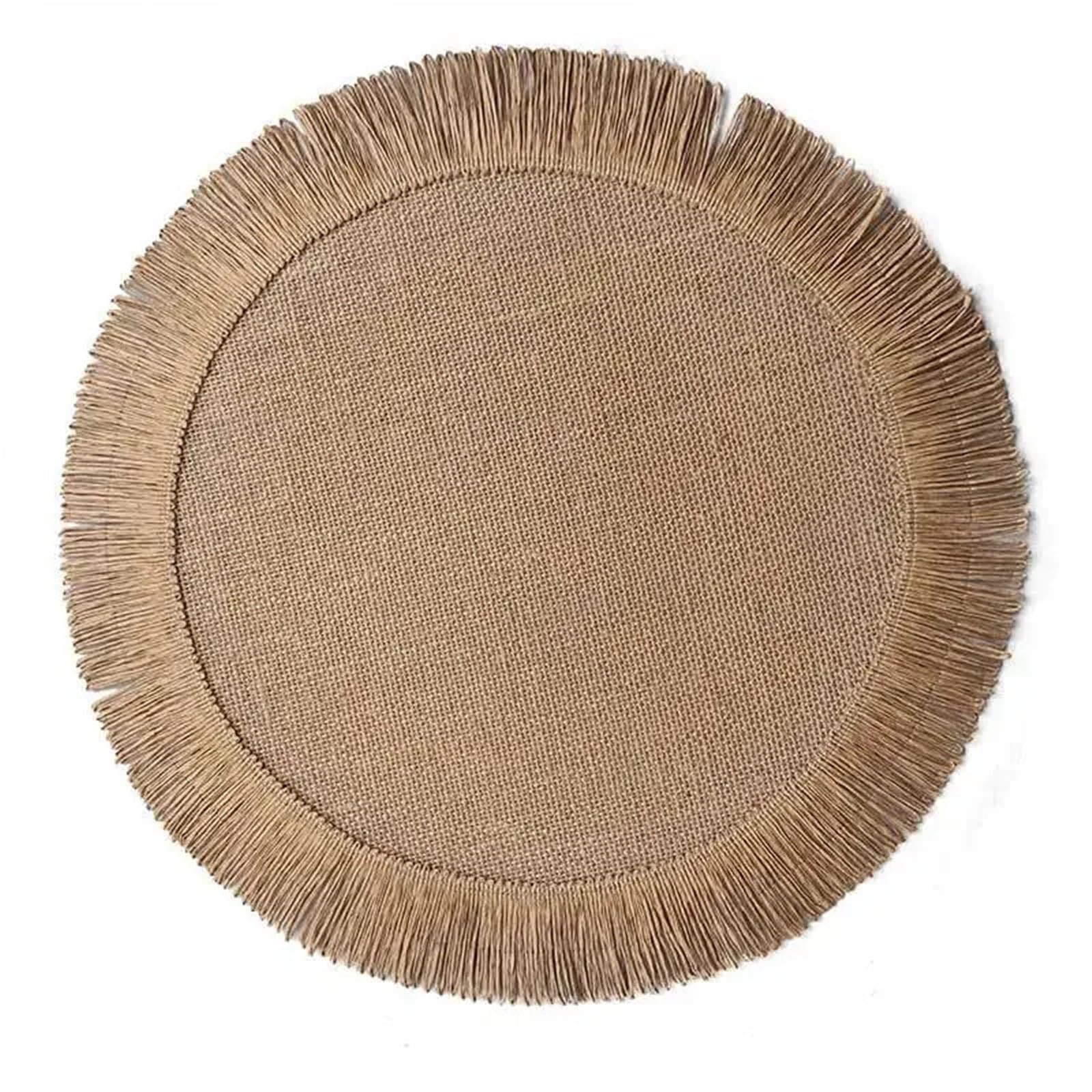 Woven Placemats Round Braided Placemats Fringe Paper Table Mats Hand Woven Non-slip Insulation Place Tea Cup Pad(Nature,1 PCS_38CM)