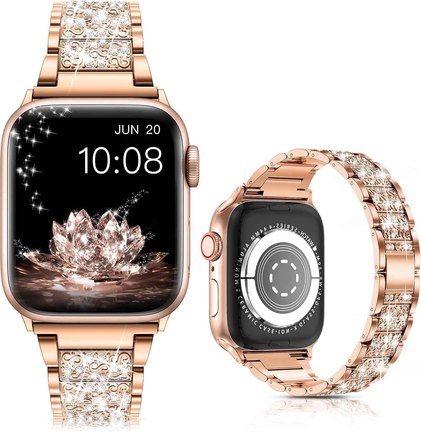 LELONG for Apple Watch Band 38mm 40mm 42mm 44mm SE Series 6 Series 5 4 3 2 1 , Bling Replacement Bracelet iWatch Band, Diamond Rhinestone Stainless Steel Metal Wristband Strap, Champagne Gold