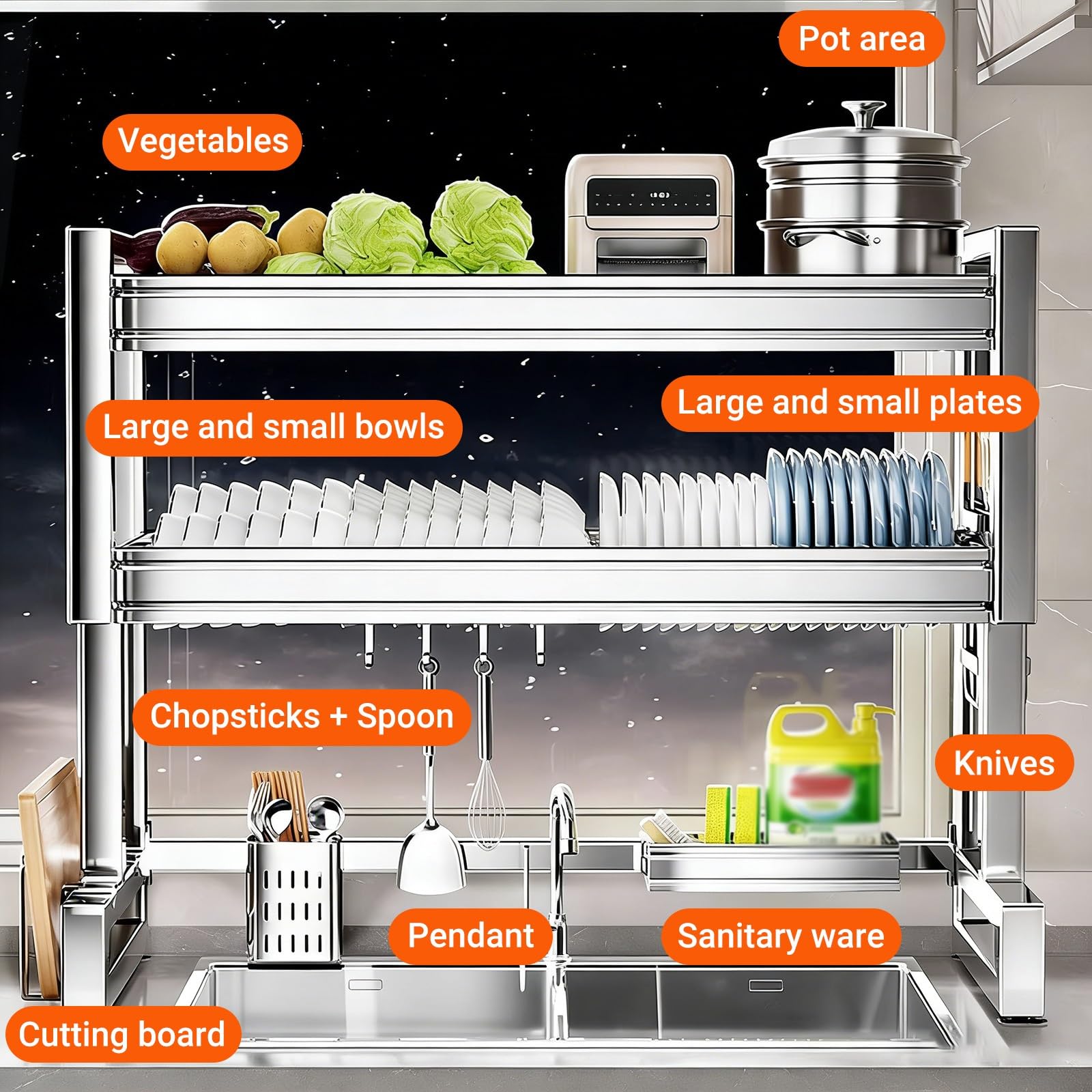 Estante de secado de platos de acero inoxidable 304, estante de almacenamiento de cocina que ahorra espacio para platos, vasos, cubiertos