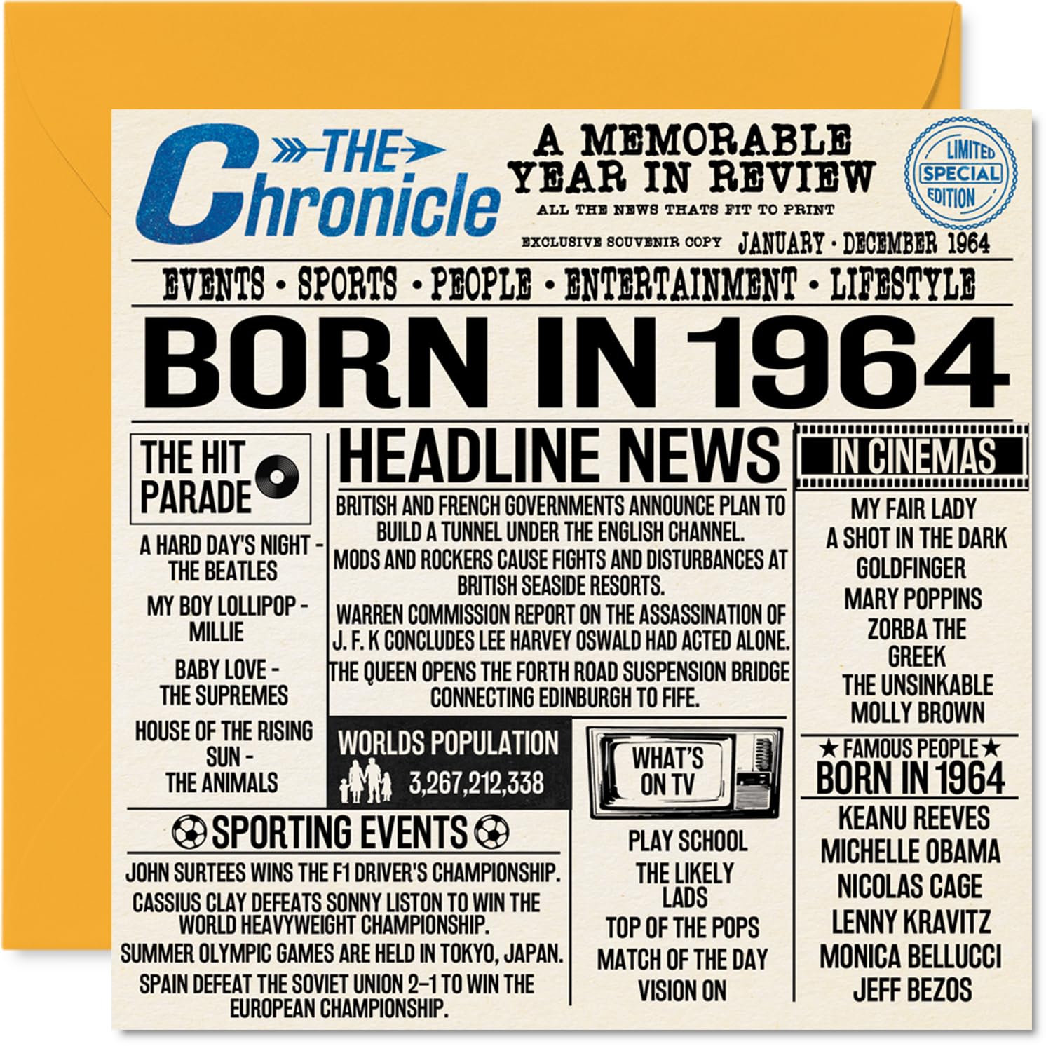 62nd Birthday Cards for Men Women - Born In 1964 Newspaper - Happy 62 Birthday Card for Grandad Grandma Nan Vintage Retro Back In 1964, 145mm Bday Greeting Cards