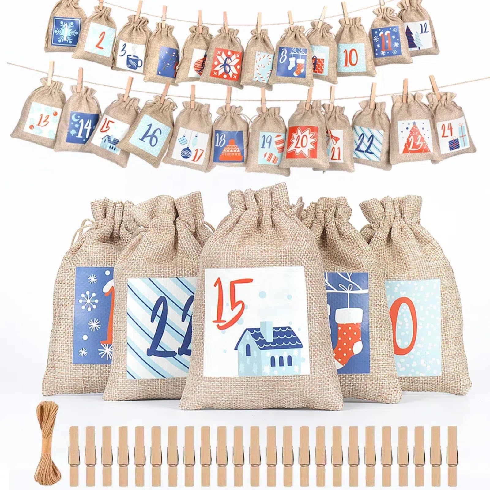 Christmas Advent Calendar Bags, 24 Days Countdown Burlap bags Hanging Advent Calendar Gift Favors for Xmas Decorations (Blue)