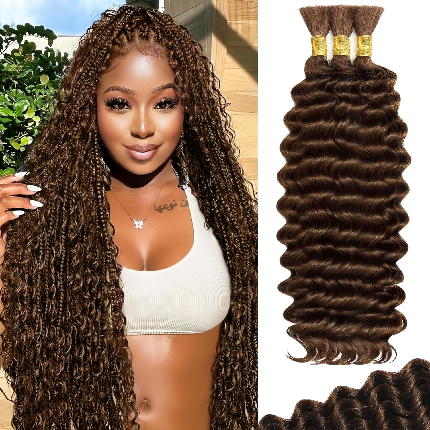 Human Braiding Hair for Boho Braids Human 110g 18 Inch Curly Boho Hair for Braiding Knotless 12A Deep Wave Bulk Bohemian 3 Bundles/Pack (4#)