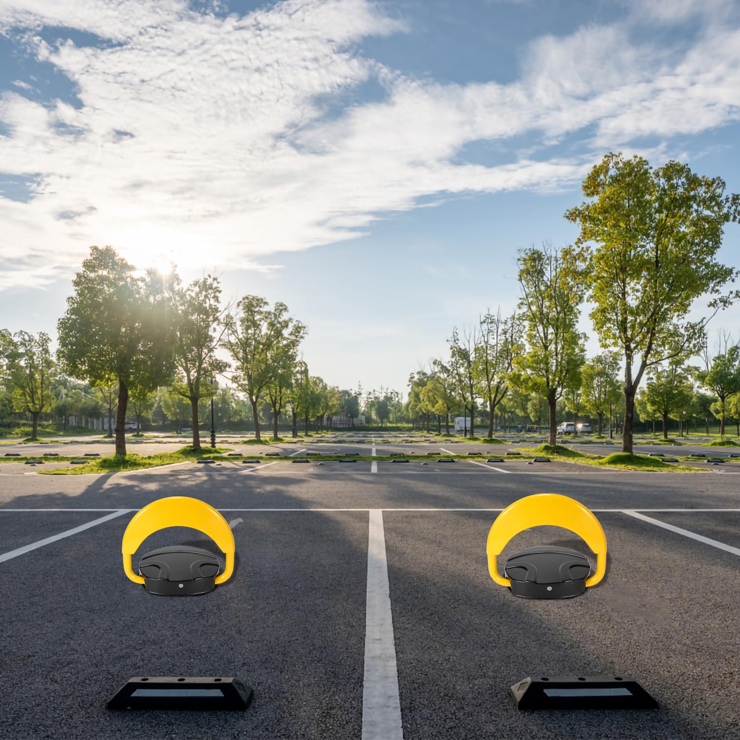 Lot de 2 barrières de parking avec 4 télécommandes - Barrière de parking pliable - Avec 4 clés - Poteau de stationnement automatique pliable à 180° - Portée de 20 m - Électrique - IP67