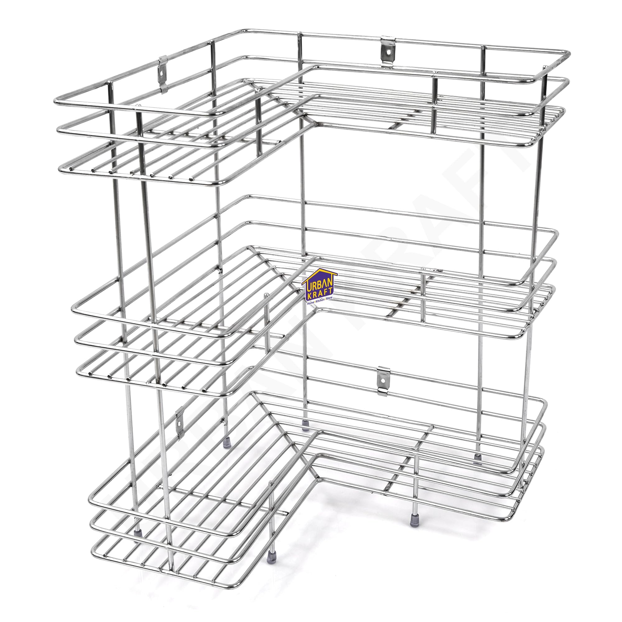 URBAN KRAFT Stainless Steel 3 Tier L-Shape Kitchen Corner Rack - Triple Layer Multipurpose Storage Rack/Shelf for Heavy Guage Mirror Polished Bathroom Stand, Wall Mount, Shelf-image-21