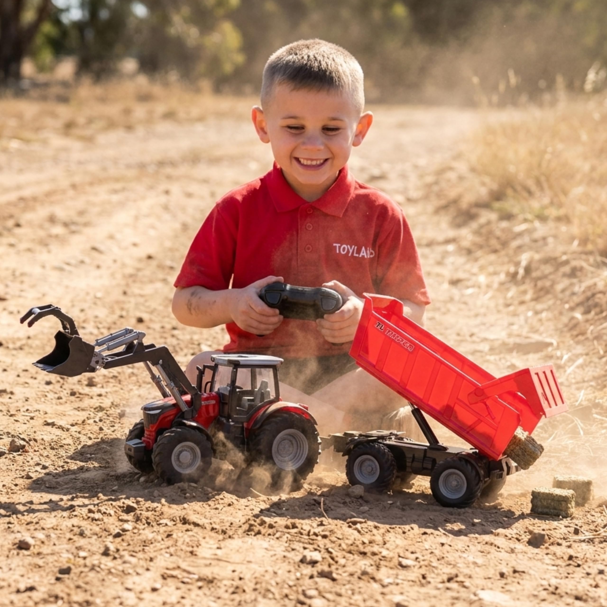 Toyland® 1:24 Tracteur Rouge télécommandé avec Chargeur Frontal, remorque basculante motorisée et Accessoires - de Jeu avec lumières Chargement USB - Batterie Rechargeable Incluse - Véhicule de Ferme