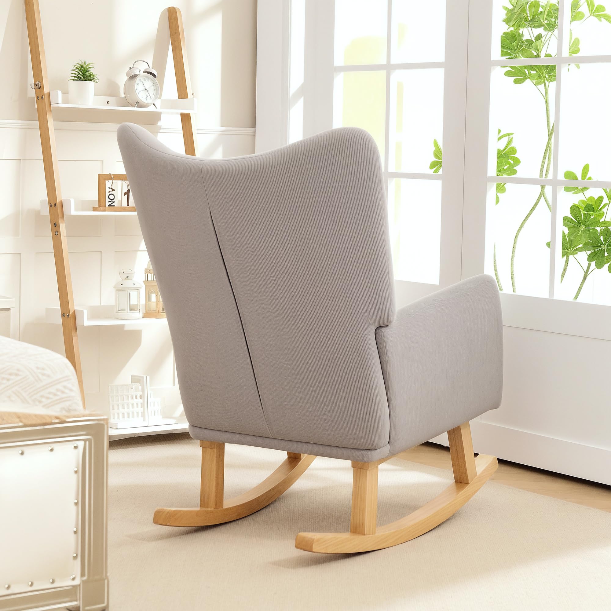 HOMCOM Schaukelstuhl Schaukelsessel mit hoher Rückenlehne, Cord-Optik, Schwingsessel Sessel Relaxsessel mit breite Armlehne, Holzkufen, Stillsessel für Wohnzimmer, Schlafzimmer, Balkon Hellgrau