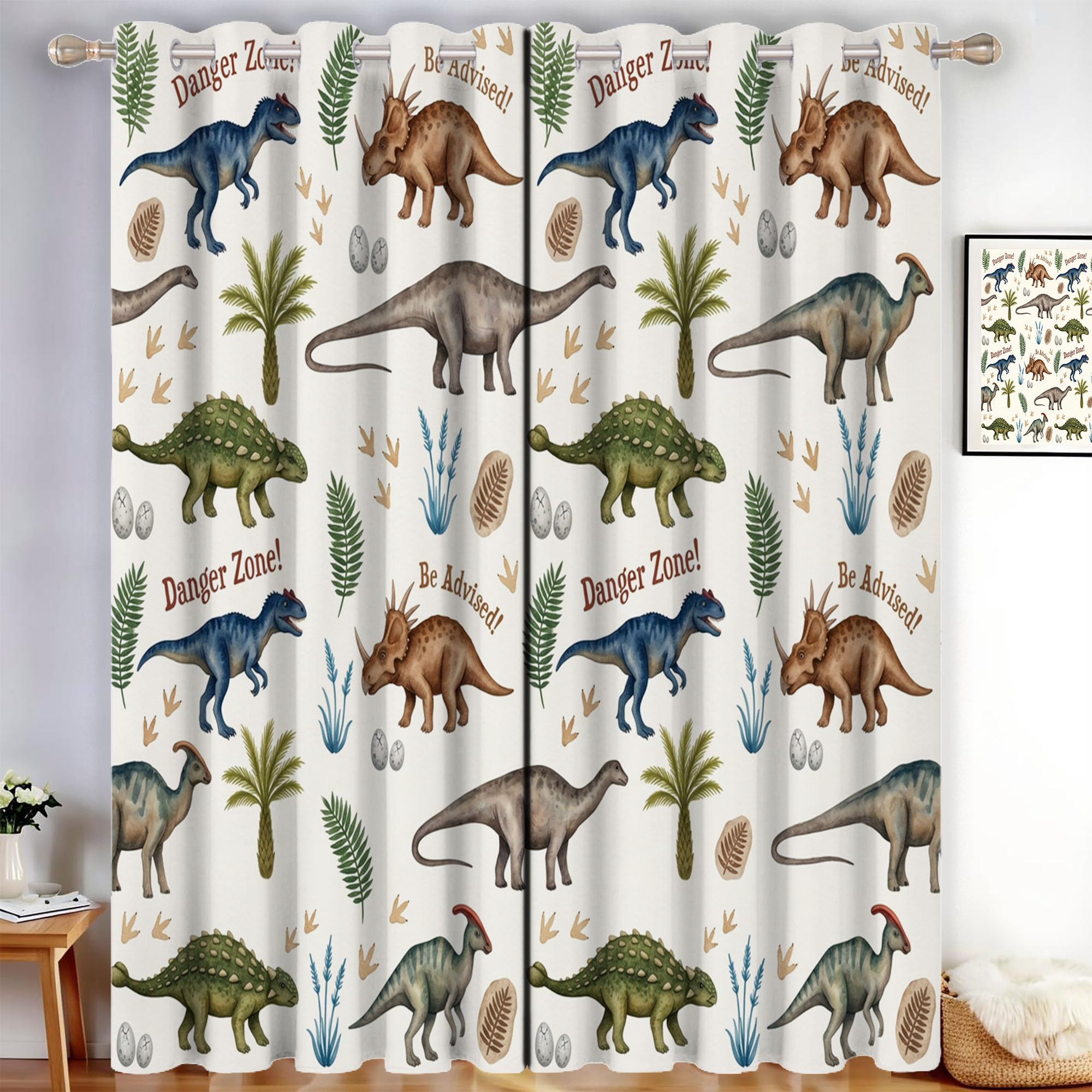 Dinosaure À L'Aquarelle Rideau - Thème Animalier Rideau Occultant Thermiques, L140×H240Cm (2 Panneaux) Rideaux À Oeillets pour Decoration Chambre Salon, Beige Marron