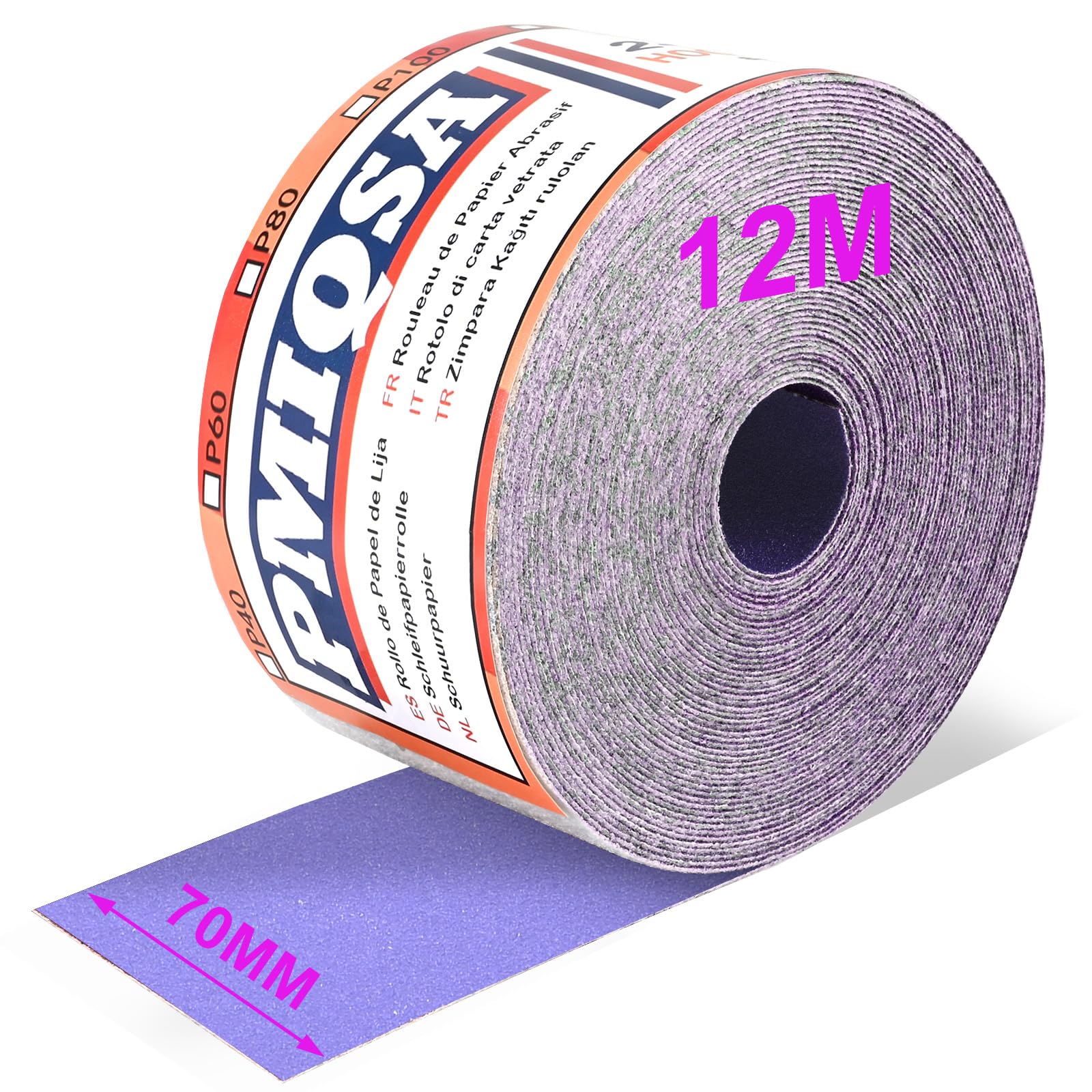 PMIQSA Purple Ceramic Sandpaper Roll 180 Grit, 70mm x 12M Hook & Loop Sandpaper for Automotive, Woodworking Color Sanding, Finishing Metal (Ceramics)