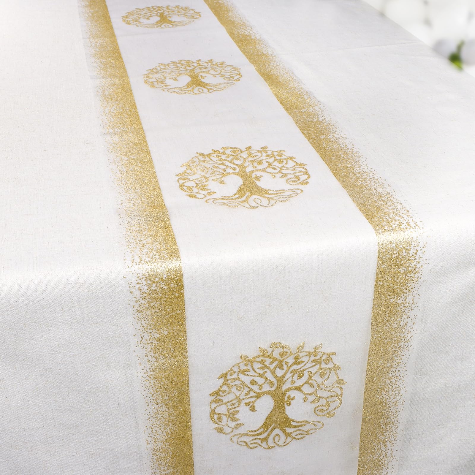 Camino de Mesa Dorado con Purpurina Árbol de Vida 9m x 29cm Decoración Mesa para Boda Navidad Comunión Tul Dorado