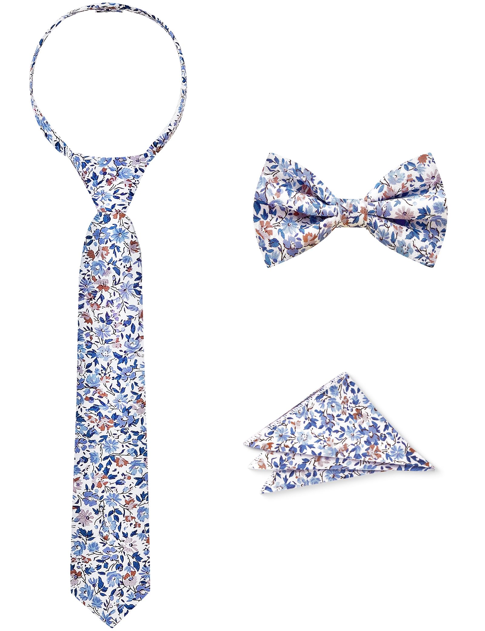 Boys Tie Set, Bow Tie &amp; Pre-Tied Zipper Necktie, Pocket Square