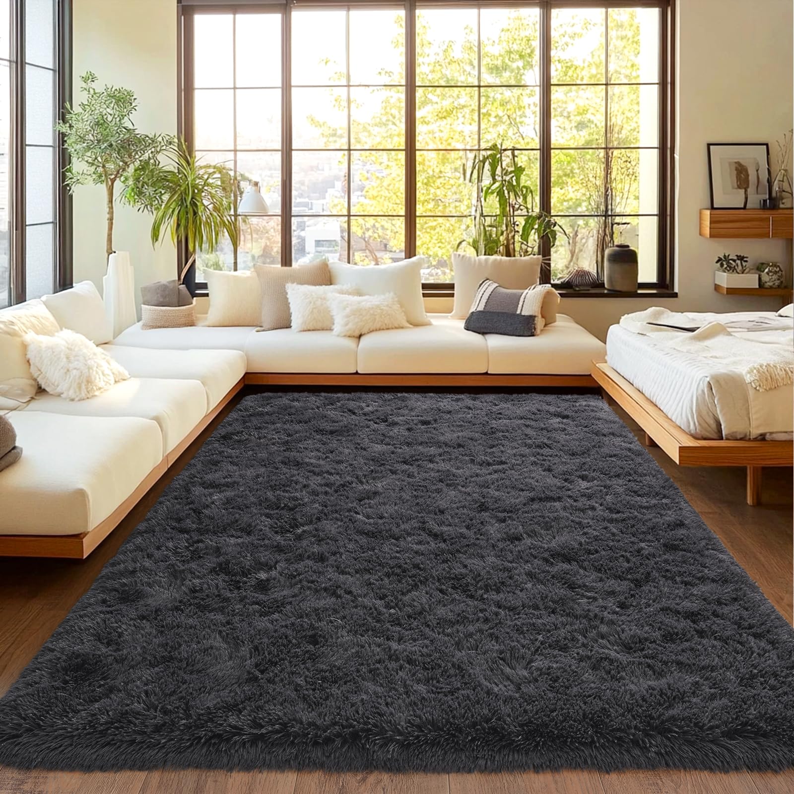 Tapis antidérapant en peluche pour salon, tapis doux à poils longs pour salon, chambre d'enfant, décoration parfaite pour maison moderne, anthracite, 1,5 x 2,1 m