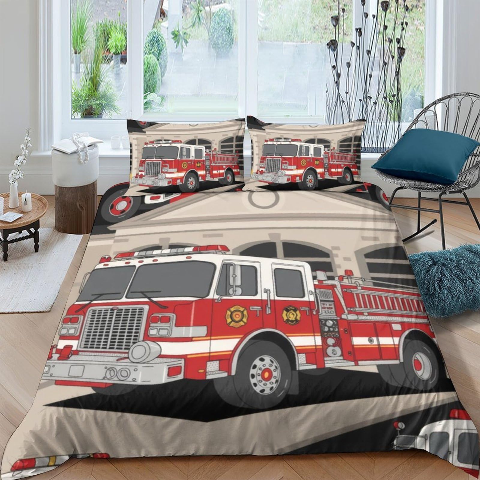 Ctjqhvkz Style-1 3D Printed Fire Truck Fitted Sheet Microfiber Bedroom Decor Red Vehicle Bed Cover Anti-Slip Machine Washable For Home Guest Room Single（135X200cm）