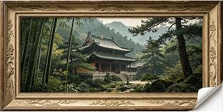 3D Framed Wall Art Asian Temple Zen Landscape Pine Bamboo Mountain Nature Large Size SelfAdhesive Removable Wall Decor Prints Artwork for Living Room Bedroom Office