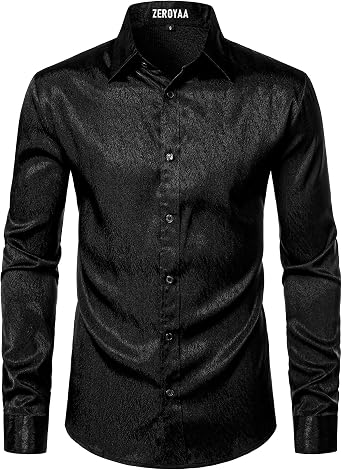 ZEROYAA Mens Satin Textured Long Sleeve Dress Shirts | Herringbone jacquard, Shiny, Slim fit, Lightweight, Soft, Party, Prom, Curved hem, Tonal buttons