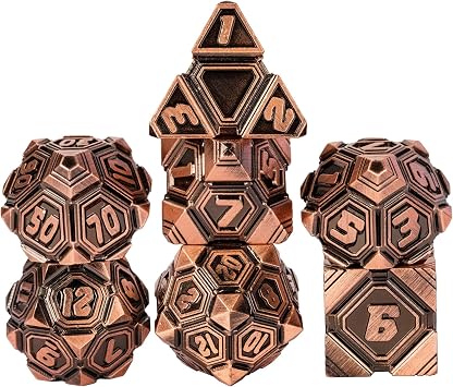 Metal UFO Dice Set, 7 Die Metal Polyhedral Dice Set for DND Dungeons and Dragons Role Playing Games,with Skull Bag.Ancient Red Copper