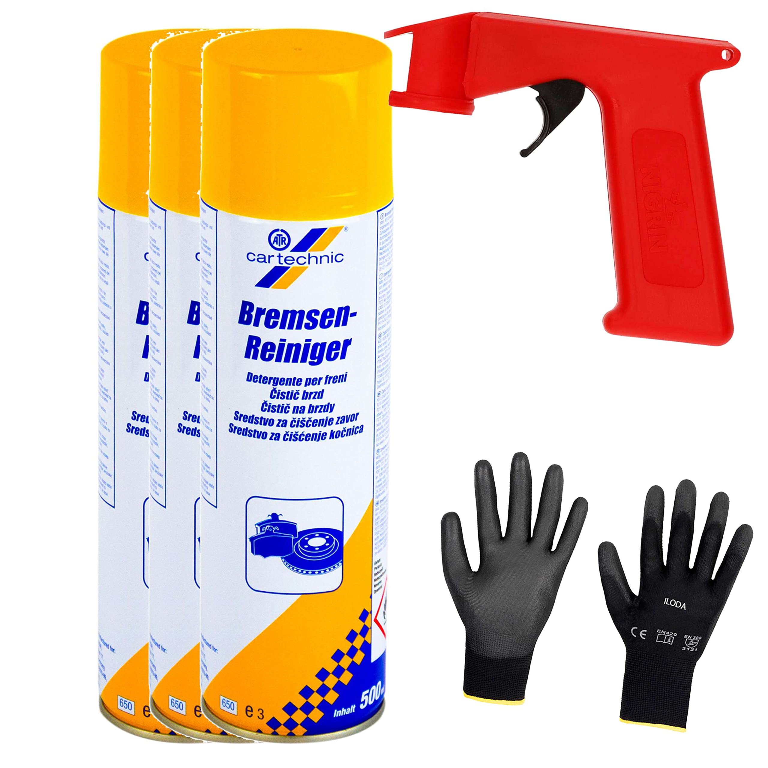 Schutzhandschuhe + Sprüh-Pistolengriff (rot oder schwarz) + 3X 500ml cartechnic Bremsenreiniger Spray, Entfetter, Ölentferner, Fettentferner