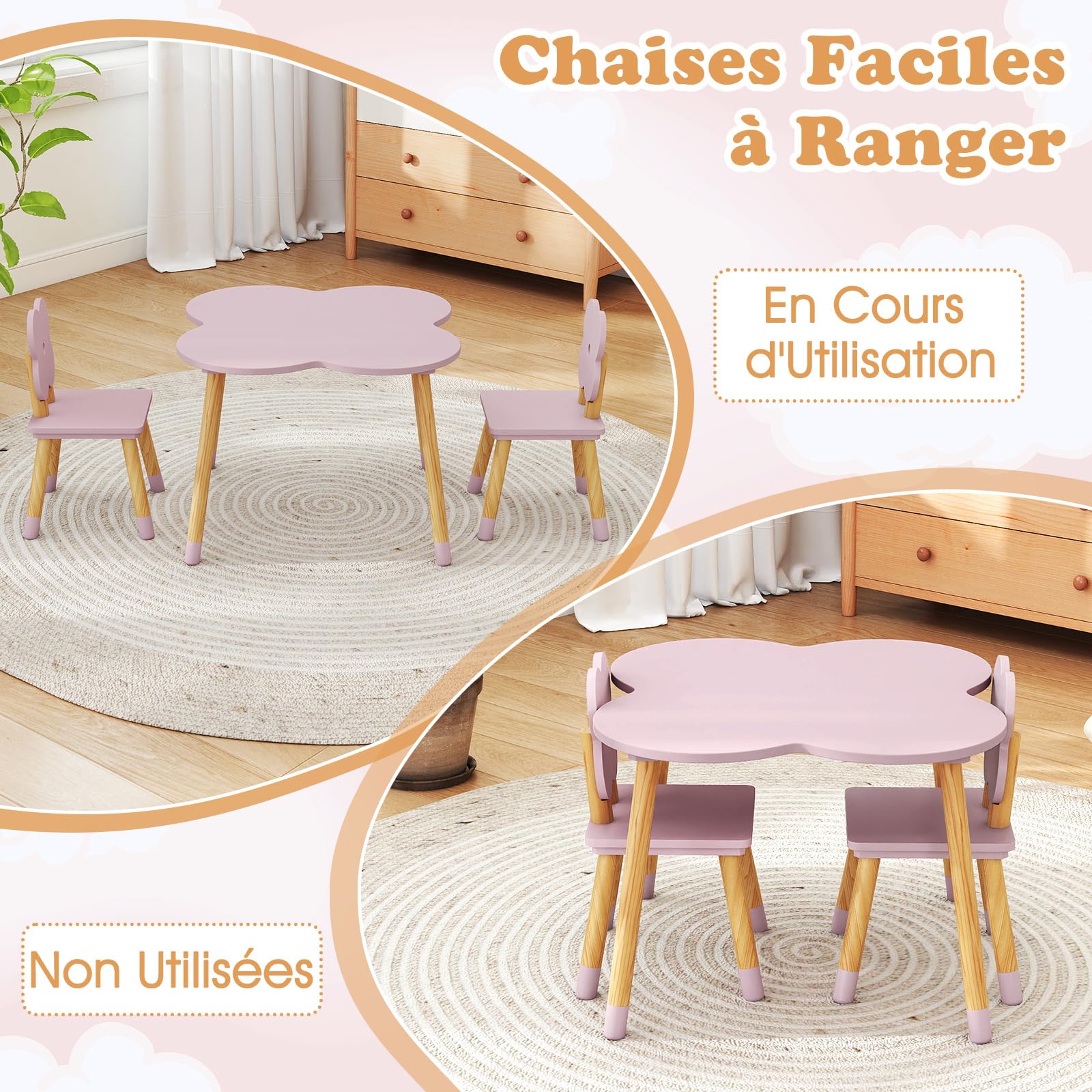 COSTWAY Table Enfant avec Chaise en Forme Fleur, Table et 2 Chaises Enfant avec Pieds en Bois de Pin, Petit Bureau pour Jouer Manger Dessiner, Charge 18/23kg pour Fille et Garçon de 3 Ans+ (Rose)