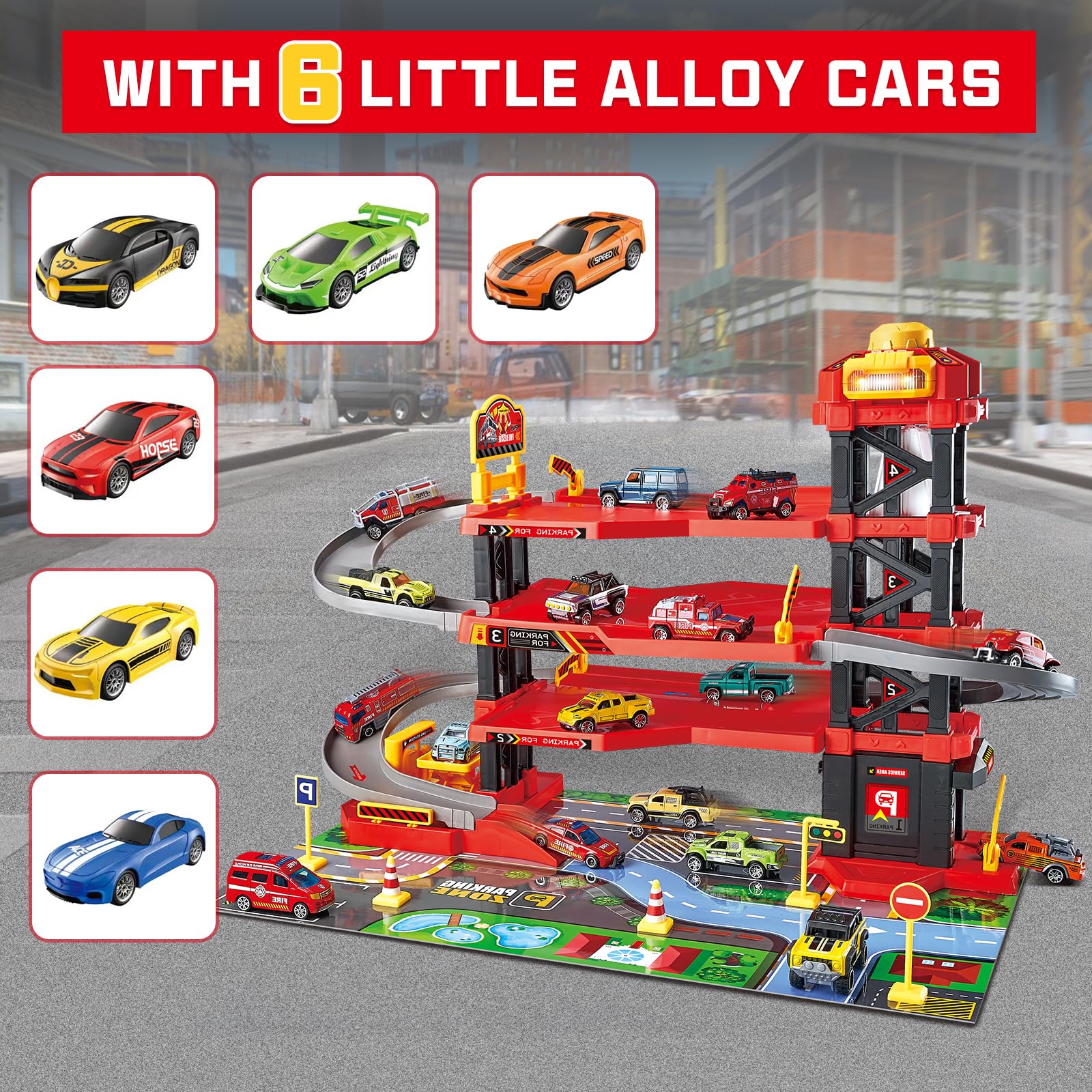 Dollox Parking Garage Toy Playset, Race Car Ramp Track Toys Sets Garage Playset with 6 Little Alloy Racer Cars Adventure Track, 3 Parking Levels Christmas Birthdays Gifts for Age 3 4 5 6 7 Boys Girls